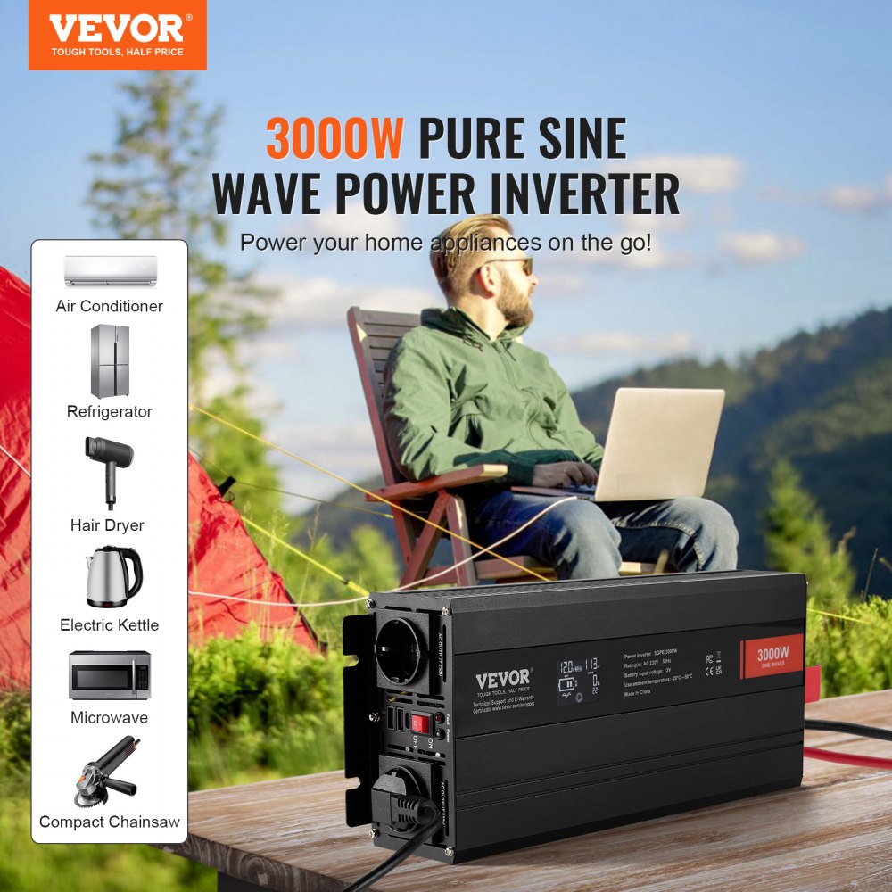 VEVOR Pure Sine Wave Inverter, 3000 Watt, DC 12V to AC 230V Power Inverter with 2 AC Outlets 2 USB Port 1 Type-C Port, LCD Display and Remote Controller for Large Home Appliances, CE FCC Certified