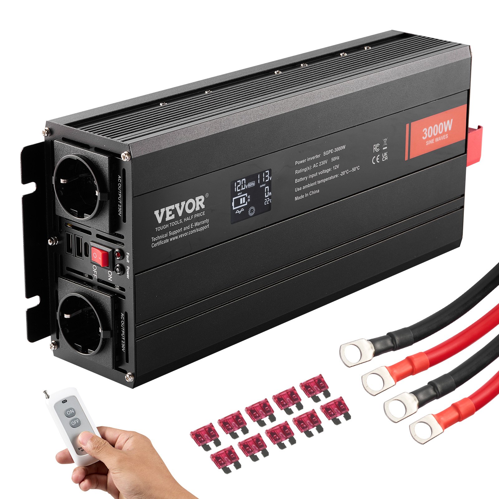 VEVOR Pure Sine Wave Inverter, 3000 Watt, DC 12V to AC 230V Power Inverter with 2 AC Outlets 2 USB Port 1 Type-C Port, LCD Display and Remote Controller for Large Home Appliances, CE FCC Certified