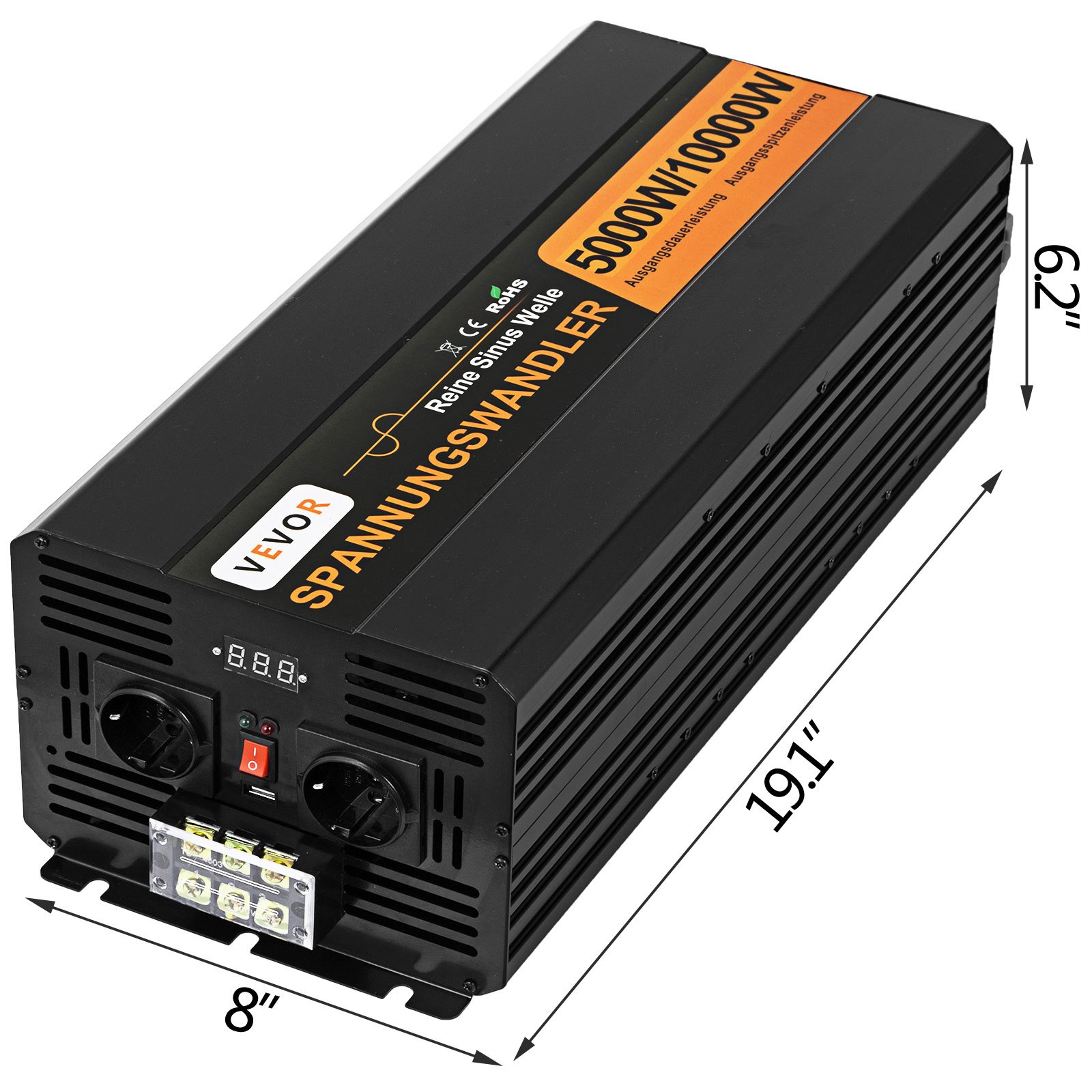VEVOR Pure Sine Wave Power Inverter 5000W 24V DC to 230V AC 50Hz Peak Power 10000W for Appliances and Solar System Emergency