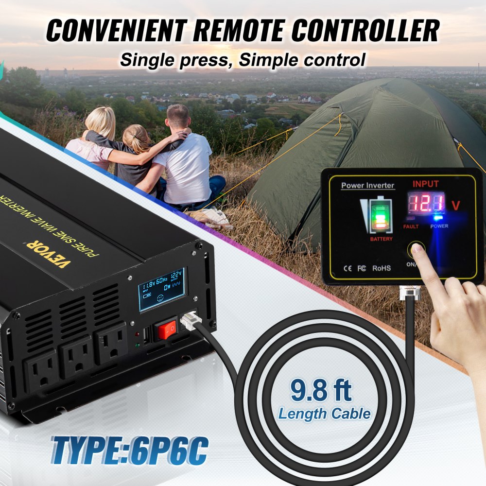 VEVOR Pure Sine Wave Inverter, 2500 Watt Power Inverter, DC 12V to AC 120V Car Inverter, with USB Port, LCD Display, and Remote Controller Power Converter, for RV Truck Car Solar System Travel Camping