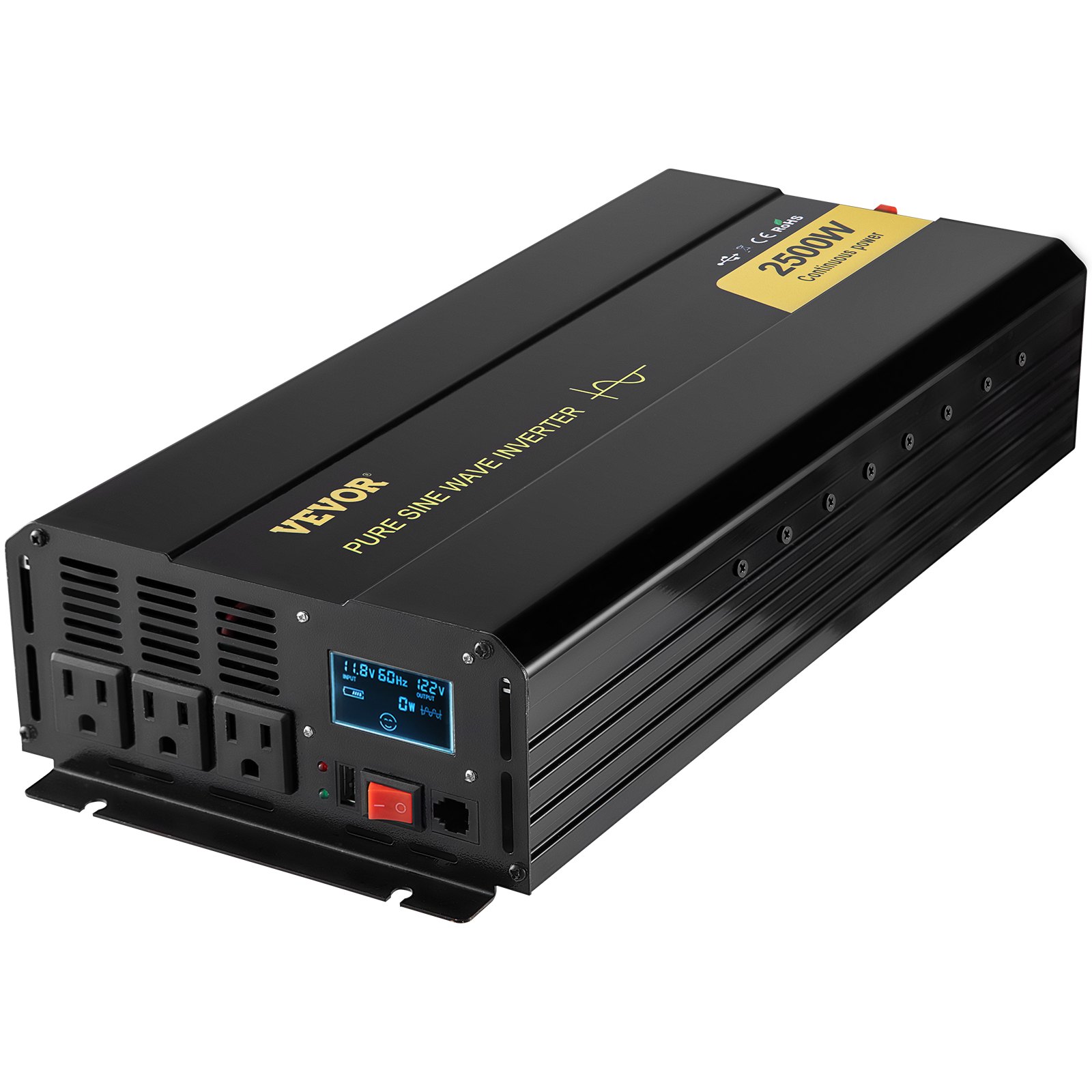 VEVOR Pure Sine Wave Inverter, 2500 Watt Power Inverter, DC 12V to AC 120V Car Inverter, with USB Port, LCD Display, and Remote Controller Power Converter, for RV Truck Car Solar System Travel Camping