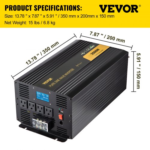 VEVOR Pure Sine Wave Inverter, 3500 Watt Power Inverter, DC 24V to AC 120V Car Inverter, with USB Port, LCD Display, and Remote Controller Power Converter, for RV Truck Car Solar System Travel Camping