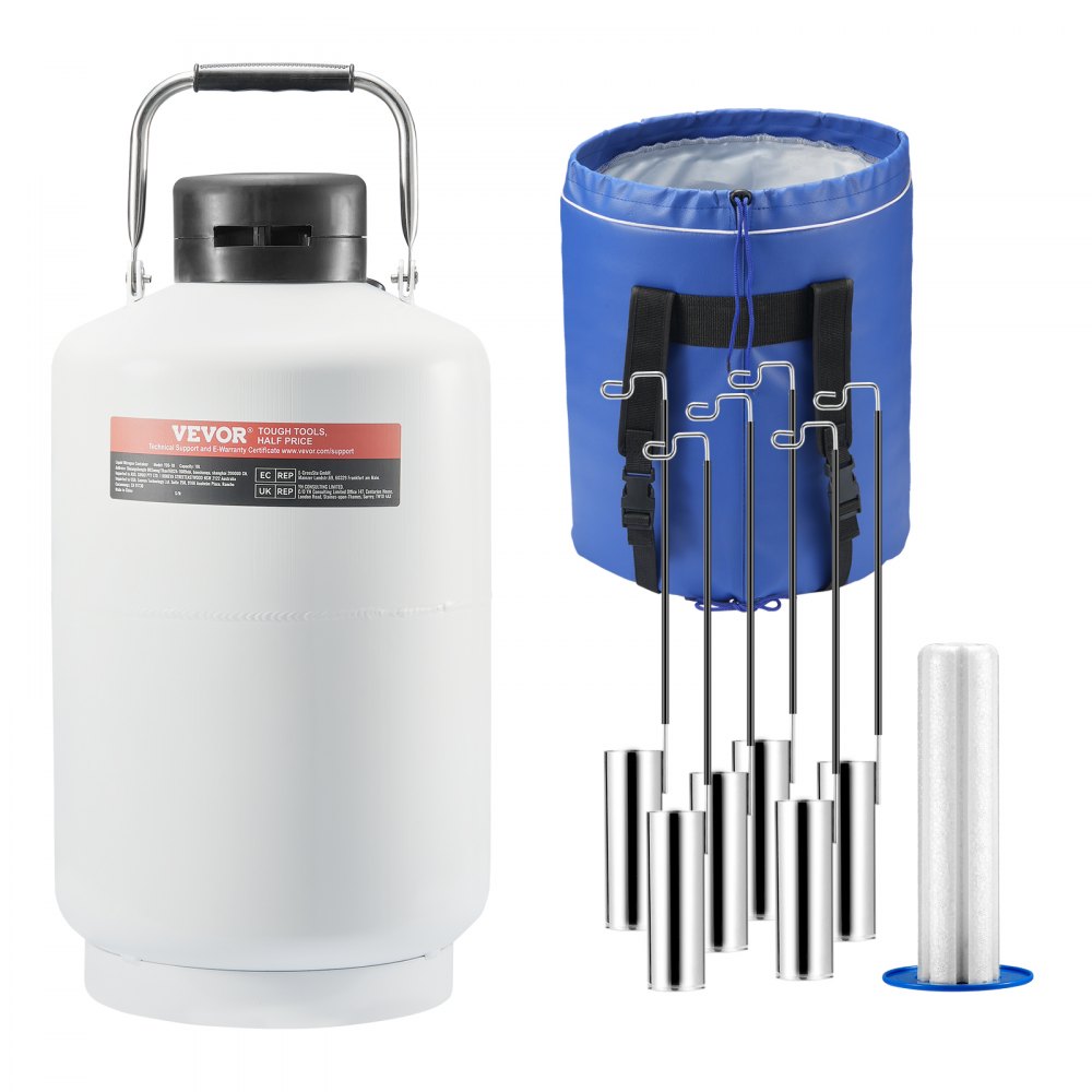 VEVOR liquid nitrogen tank with blue carrying bag, metal dipsticks, and a foam holder.