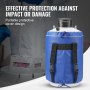 VEVOR liquid nitrogen tank with blue protective cover and black straps, against lab background.