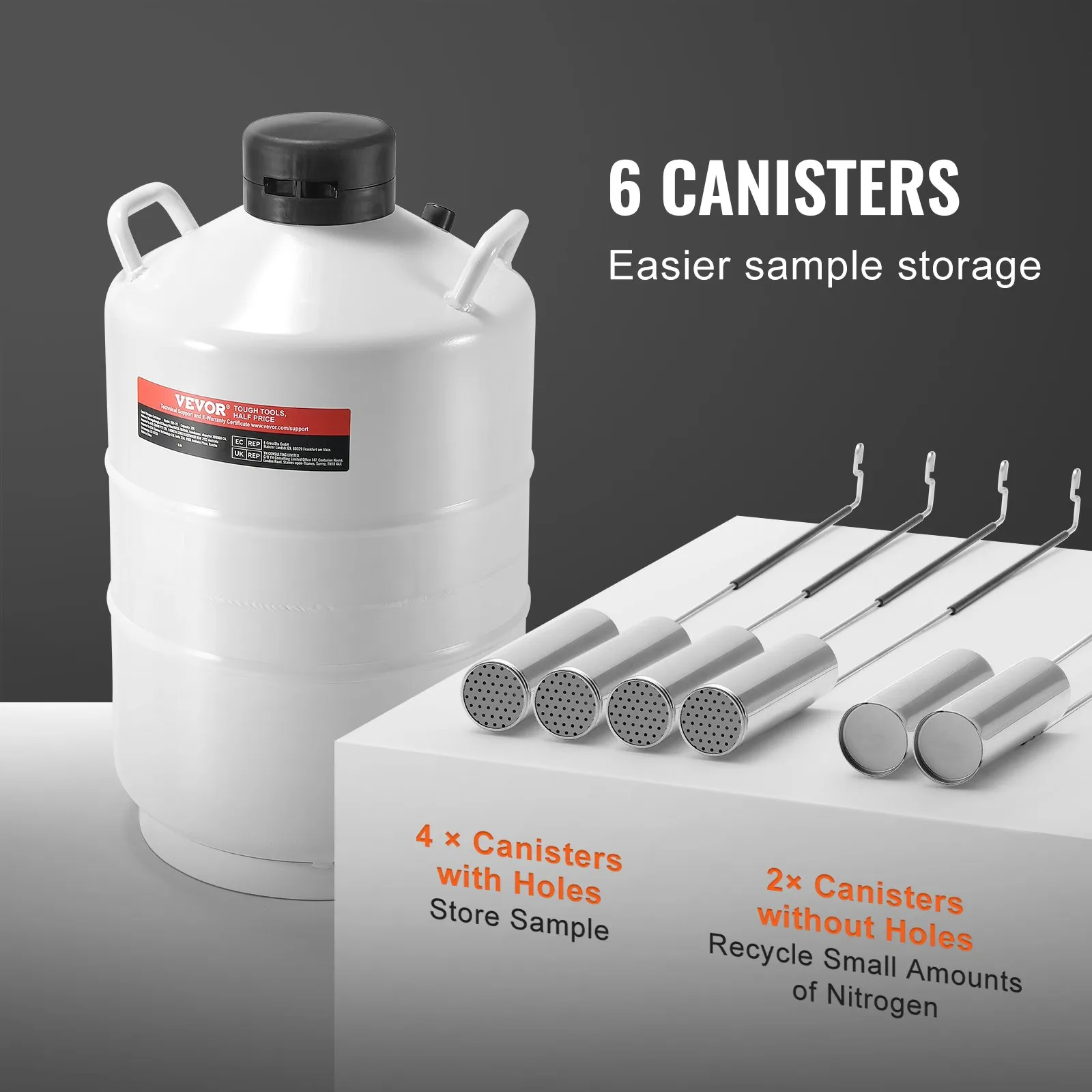 VEVOR Liquid Nitrogen Tank, 20 L Aluminum Alloy Liquid Nitrogen Container, LN2 Tank Dewar with 6 Canisters and Carry Bag with Straps, Cryogenic Tank for Beauty Industry, Semen Preservation, Scientific