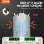 VEVOR liquid nitrogen tank with multi-layer vacuum insulation technology showcasing cold and hot arrows.