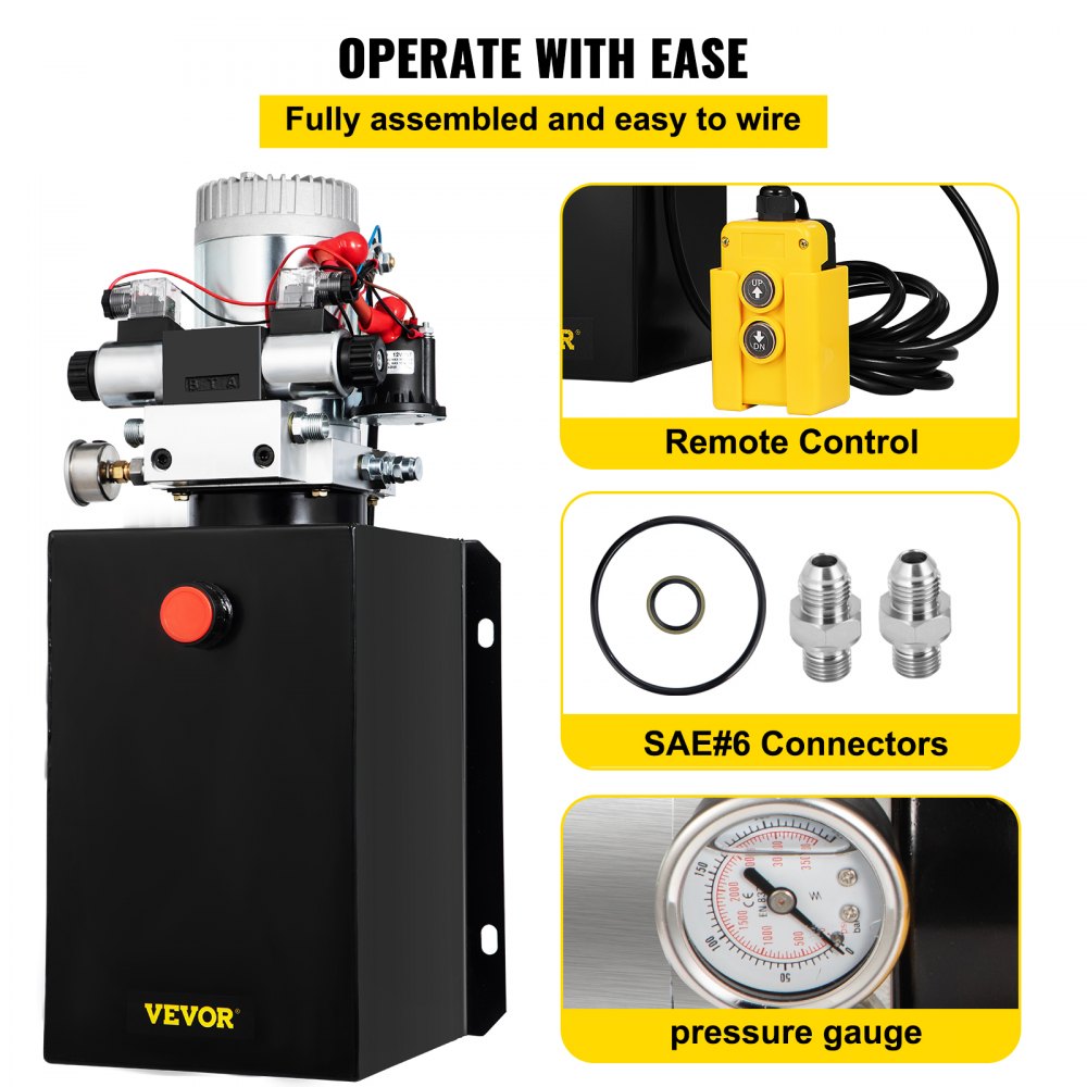 VEVOR Hydraulic Power Unit 12 Volt Dump Trailer Hydraulic Pump Double Acting 15 Quart Hydraulic Pump Electric Hydraulic Cylinder Pump with Brass Pressure Gauge For Dump Trailer Lift Gates & Trucker
