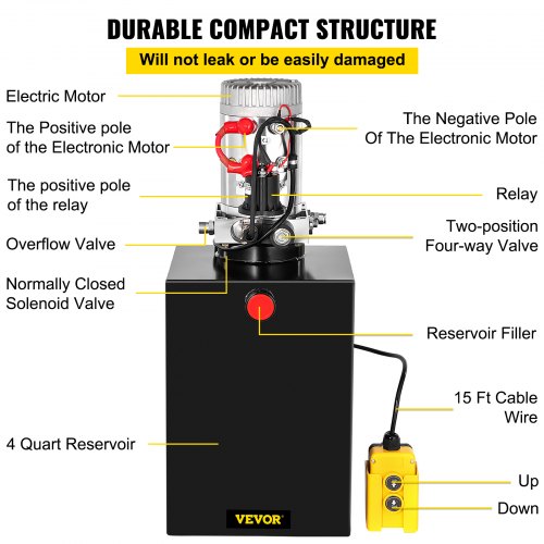 VEVOR 12V Dump Trailer Hydraulic Pump Unit - 4 Quart, Single Acting, 2.0 GPM, SAE#6