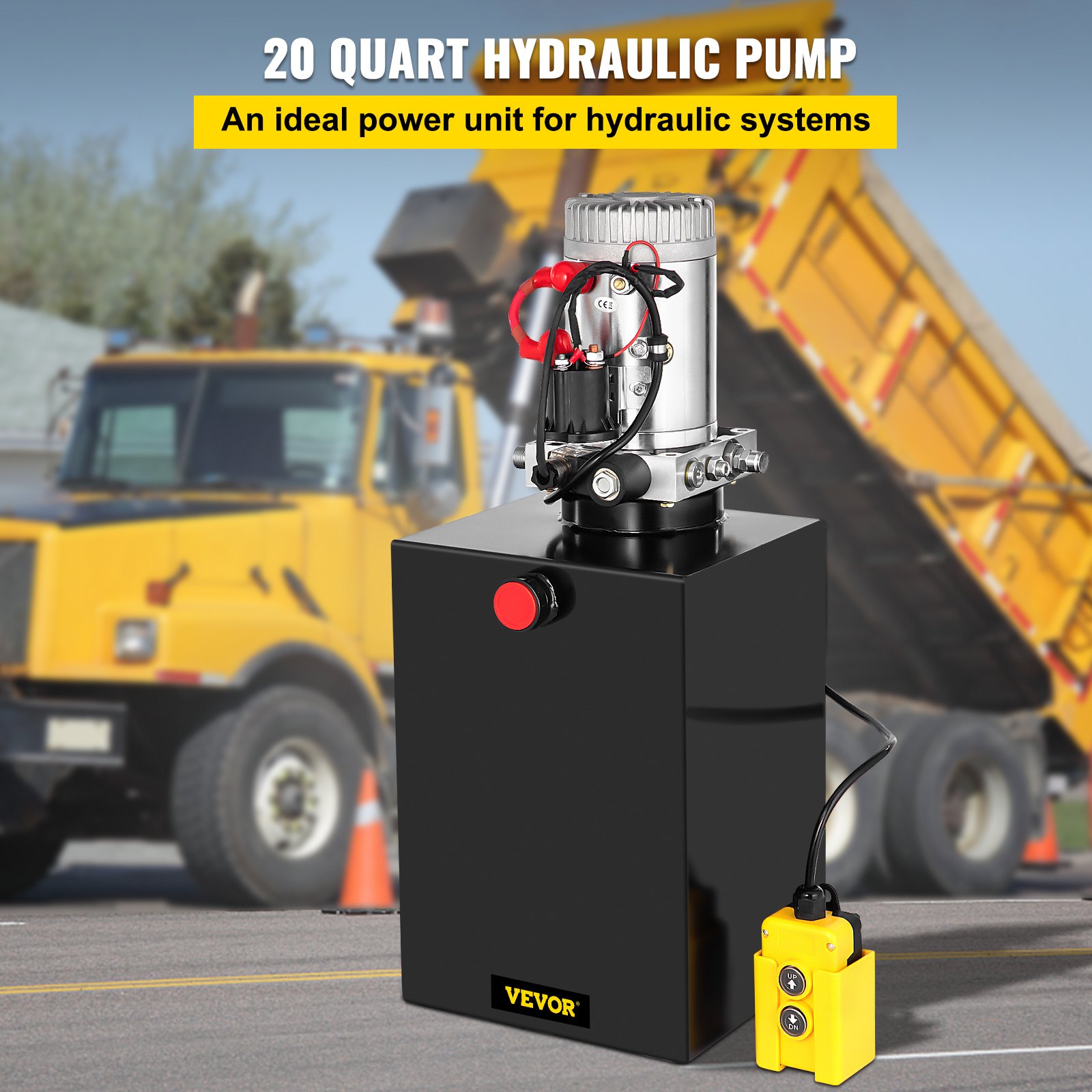 VEVOR 20 Quart Hydraulic Pump Single Acting Hydraulic Dump Trailer Pump 3200 PSI Hydraulic Power Unit (12V DC Single Action Powering Unit, SAE #6 Ports)