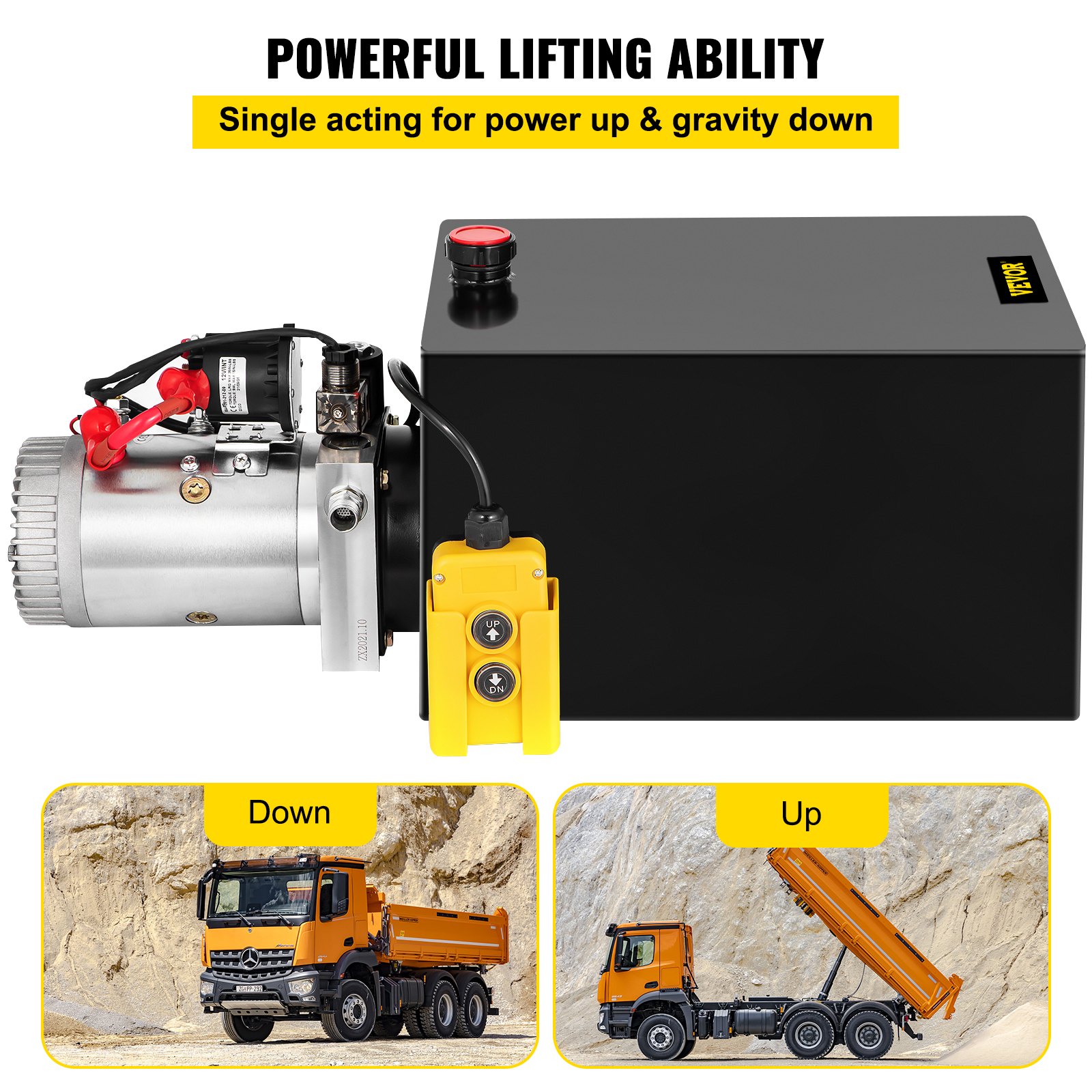 VEVOR 20 Quart Hydraulic Pump Single Acting Hydraulic Dump Trailer Pump 3200 PSI Hydraulic Power Unit (12V DC Single Action Powering Unit, SAE #6 Ports)