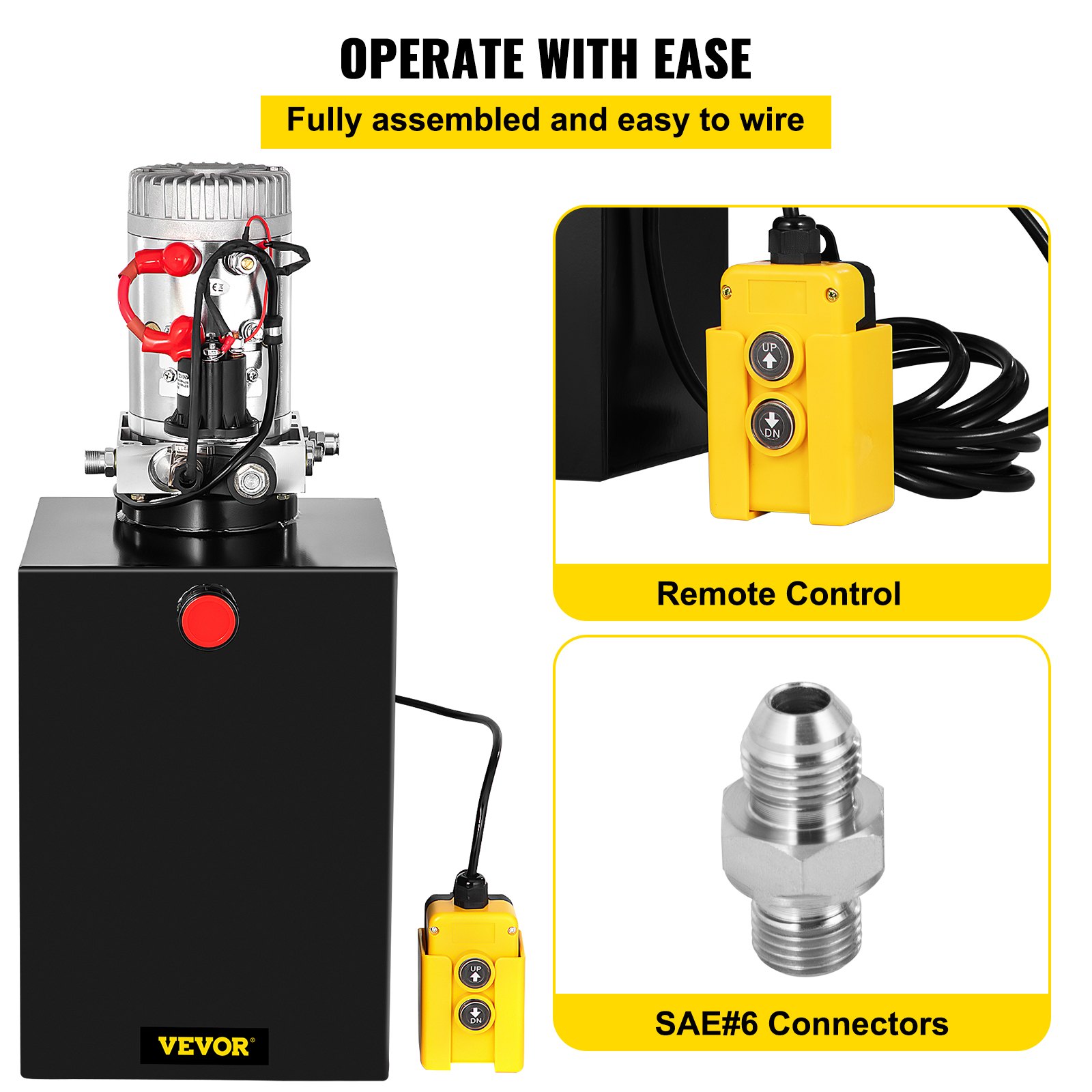 VEVOR 20 Quart Hydraulic Pump Single Acting Hydraulic Dump Trailer Pump 3200 PSI Hydraulic Power Unit (12V DC Single Action Powering Unit, SAE #6 Ports)