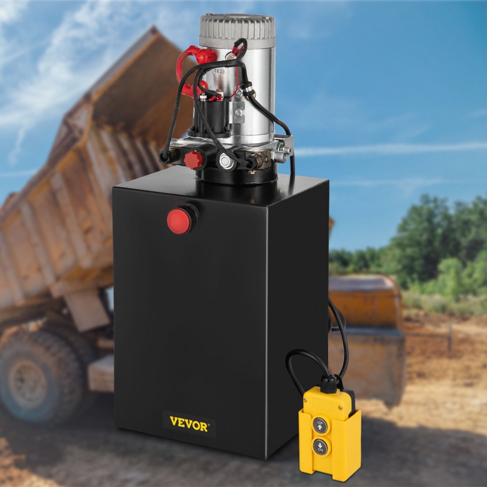 VEVOR hydraulic dump trailer pump on construction site background.
