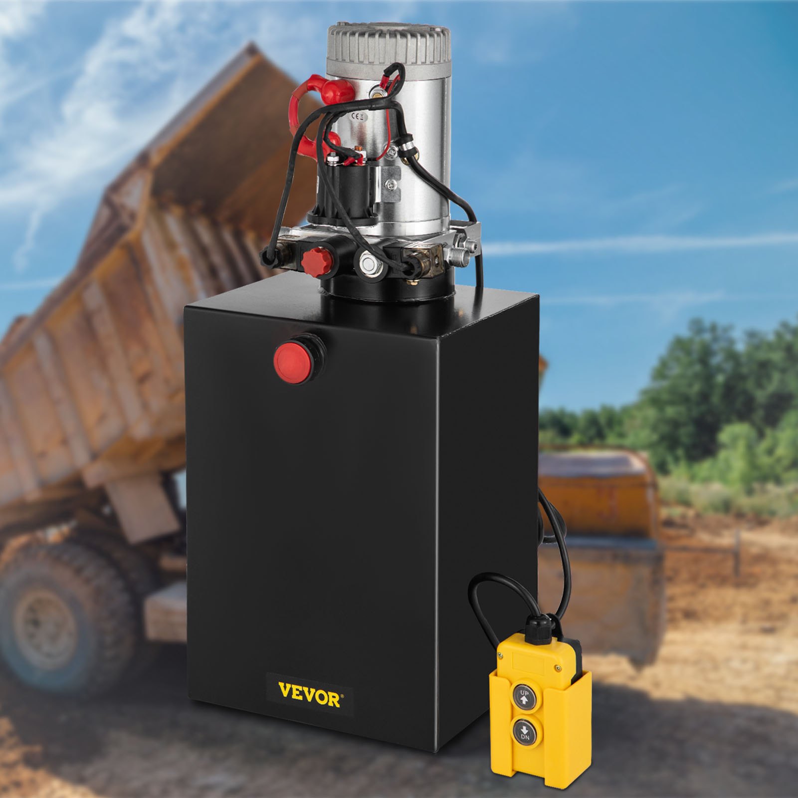 VEVOR hydraulic dump trailer pump on construction site background.