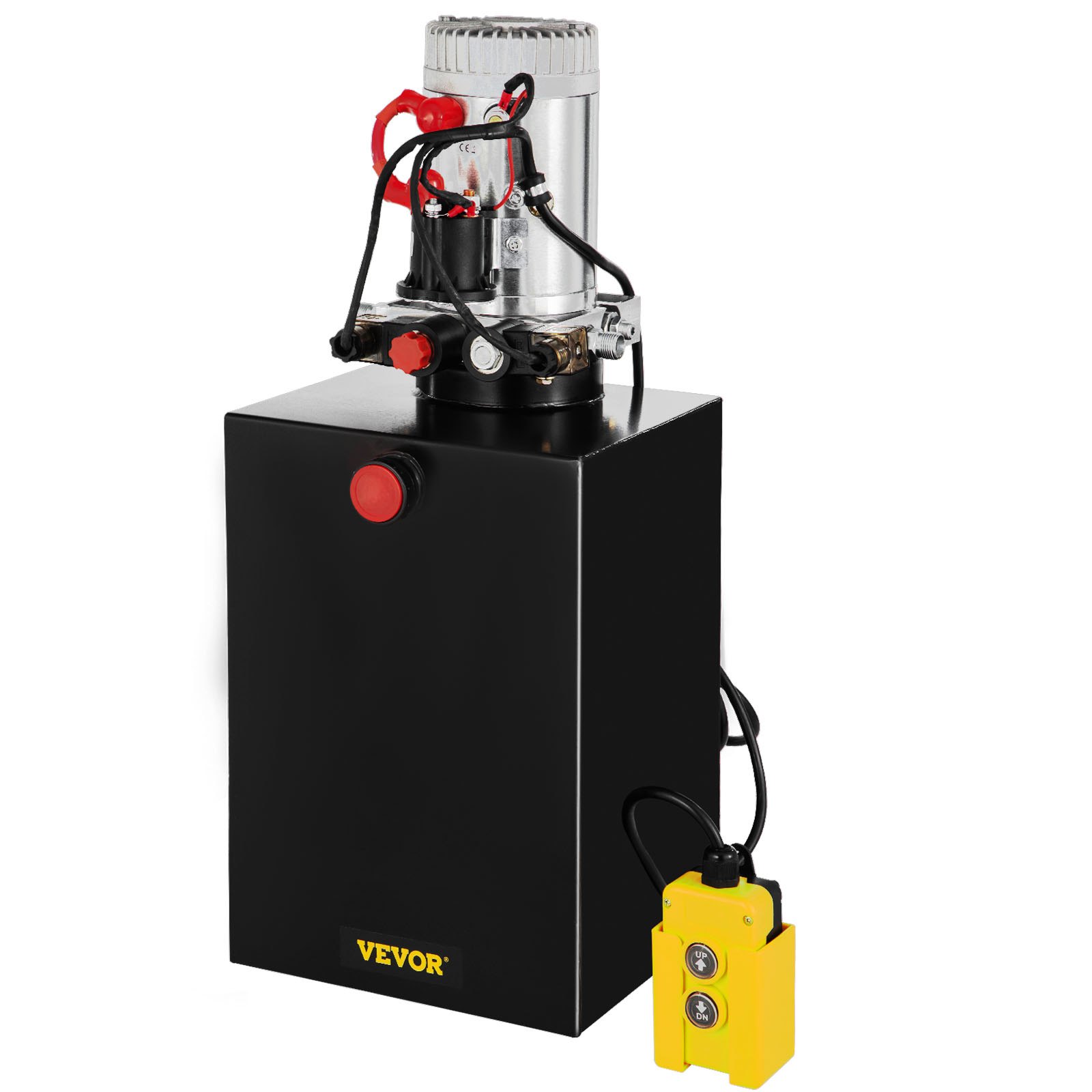 VEVOR hydraulic dump trailer pump with control box and red power button.
