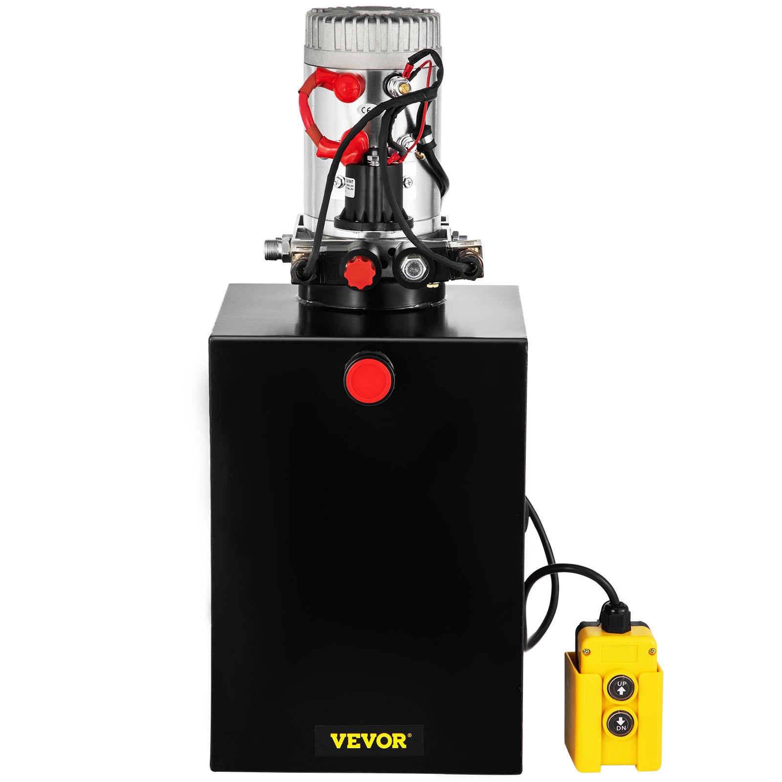 VEVOR hydraulic dump trailer pump with yellow control box and black reservoir.