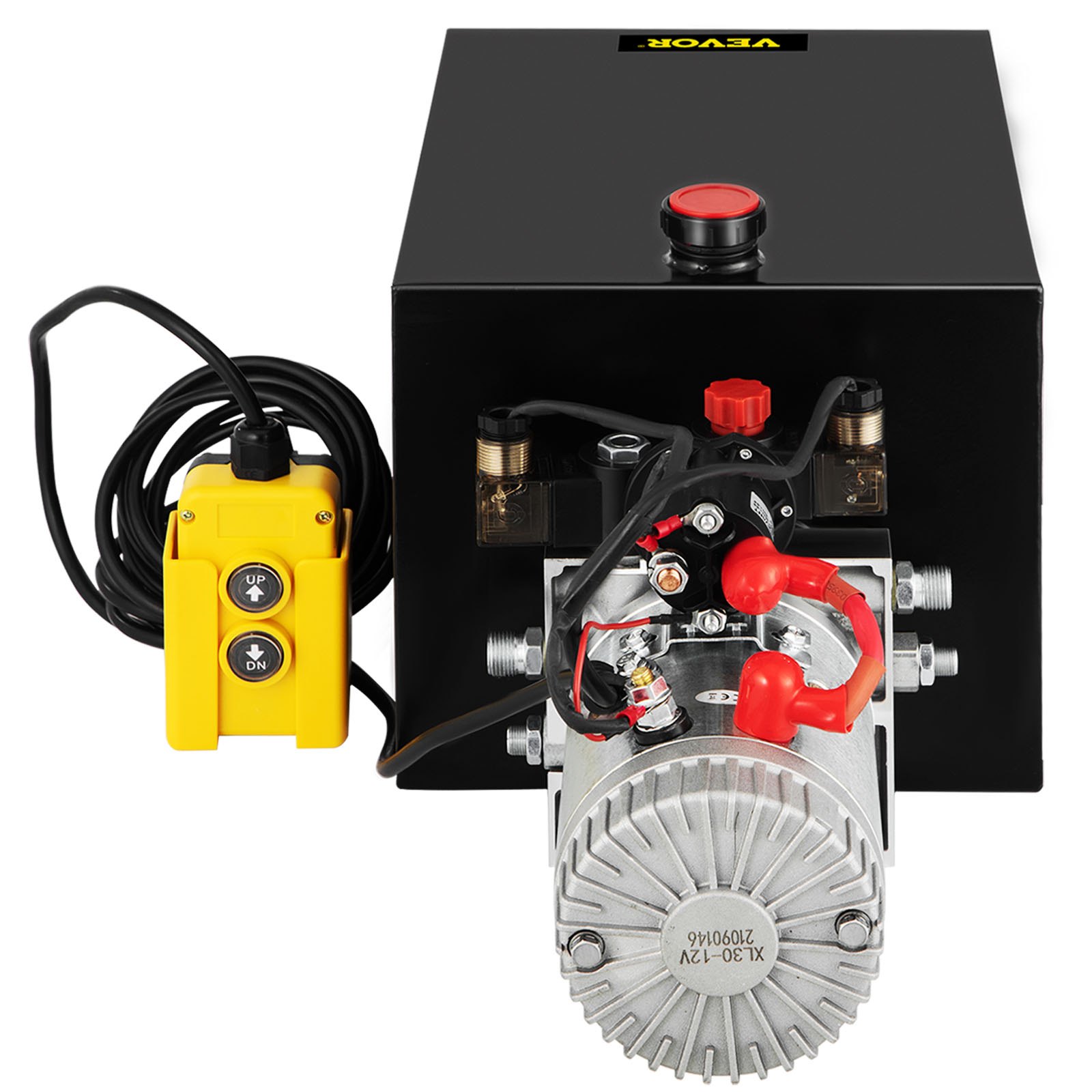 VEVOR hydraulic dump trailer pump with yellow control box and black casing