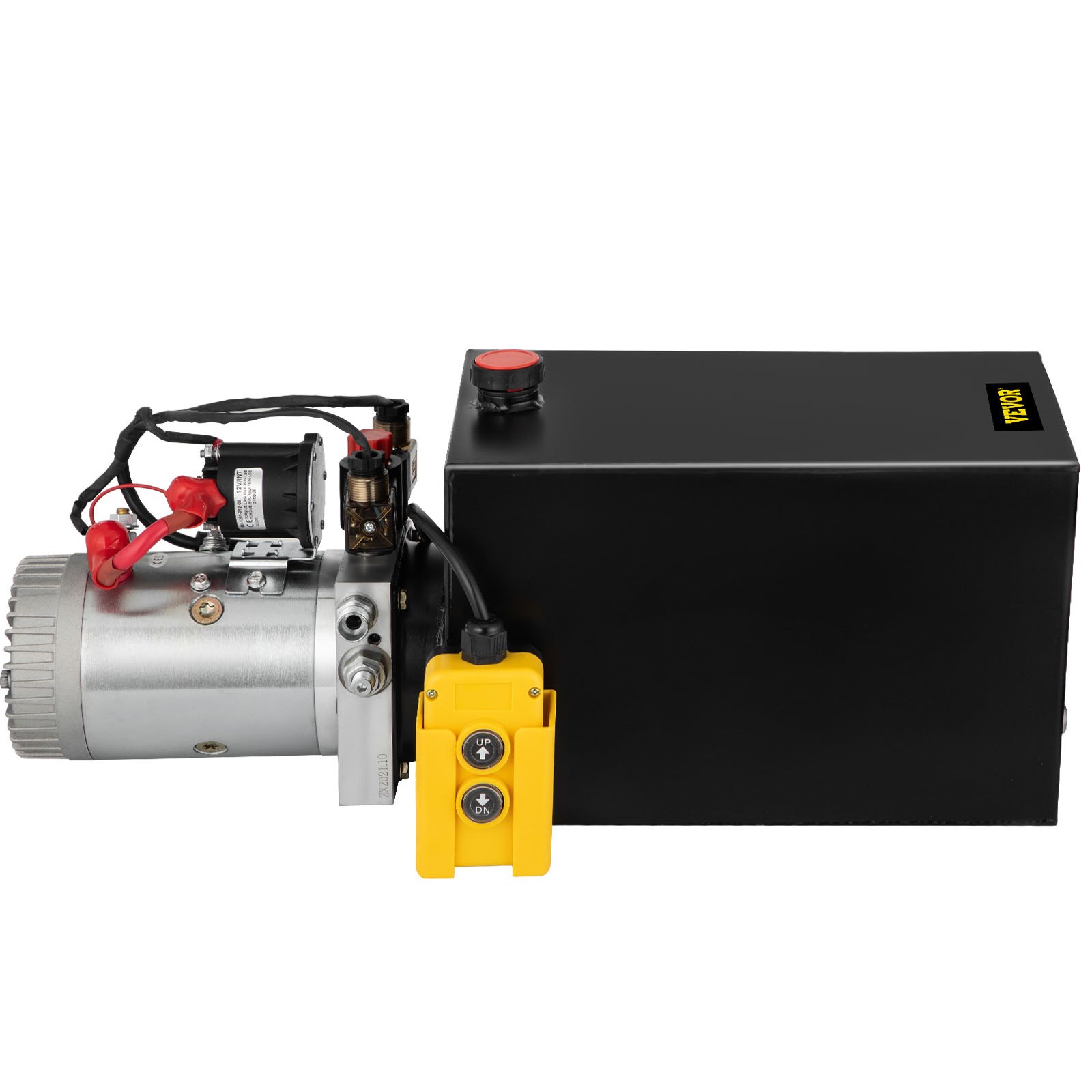 VEVOR hydraulic dump trailer pump with black casing and yellow control switch.
