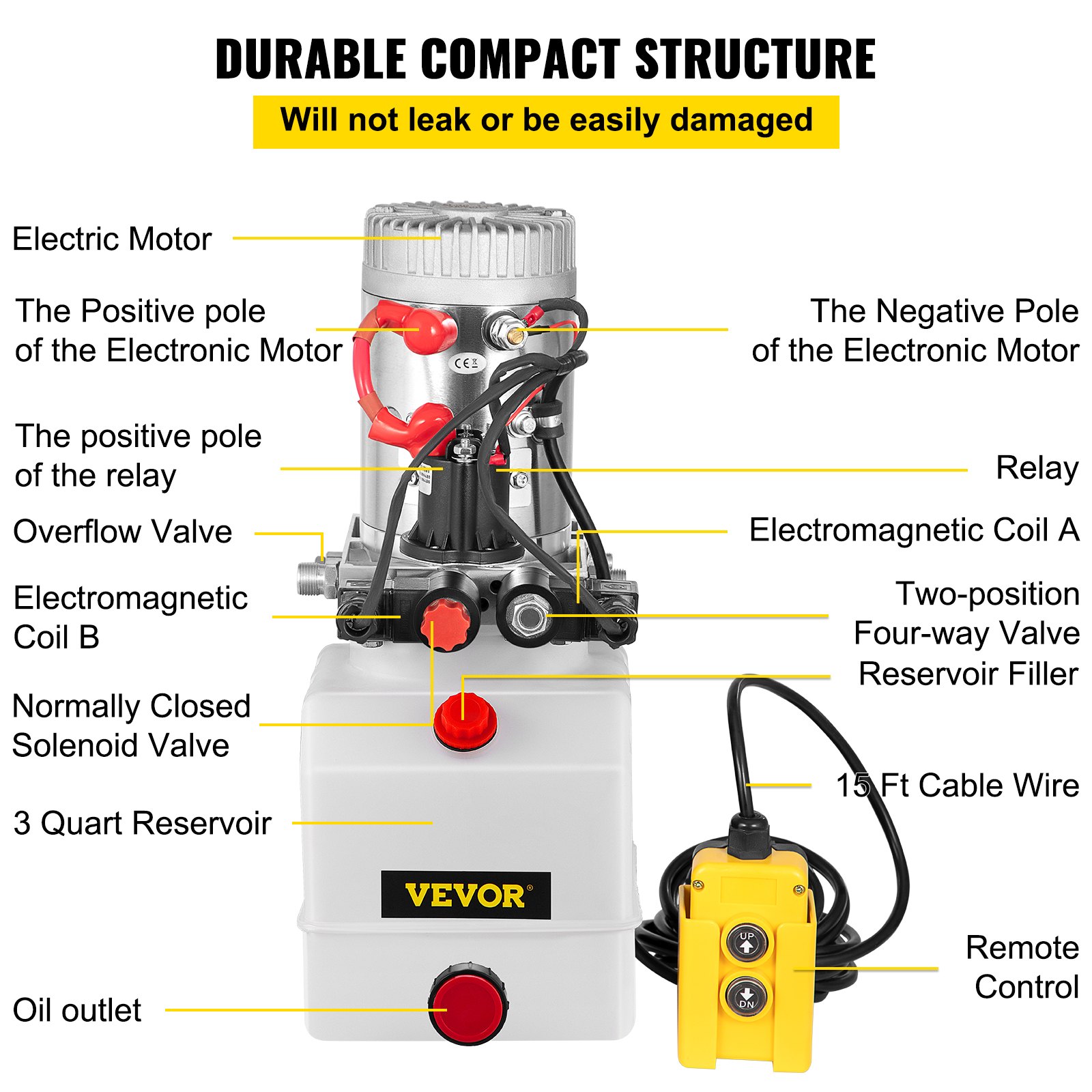 Hydraulic Pump Electric Hydraulic Pump 3 Quart Double Acting Metal Reservoir for Dump Trailer