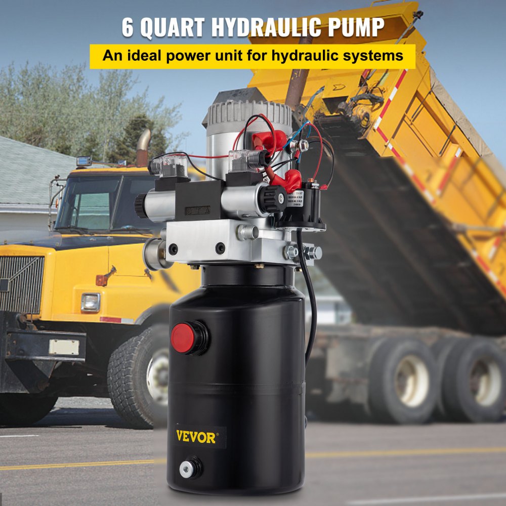 VEVOR Hydraulic Power Unit 12 Volt Dump Trailer Hydraulic Pump Double Acting 6 Quart Hydraulic Pump Electric Hydraulic Pump with Brass Pressure Gauge for Dump Trailer Lift Gates & Trucker