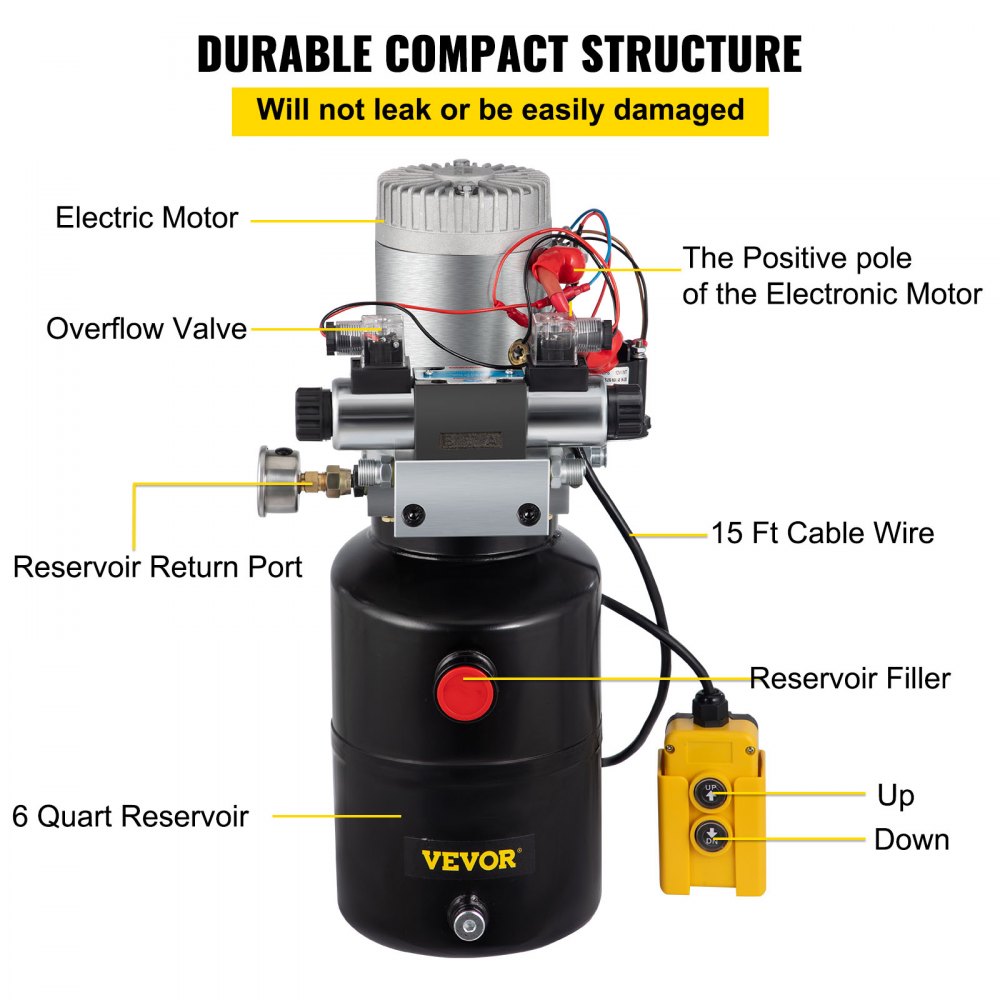 VEVOR Hydraulic Power Unit 12 Volt Dump Trailer Hydraulic Pump Double Acting 6 Quart Hydraulic Pump Electric Hydraulic Pump with Brass Pressure Gauge for Dump Trailer Lift Gates & Trucker