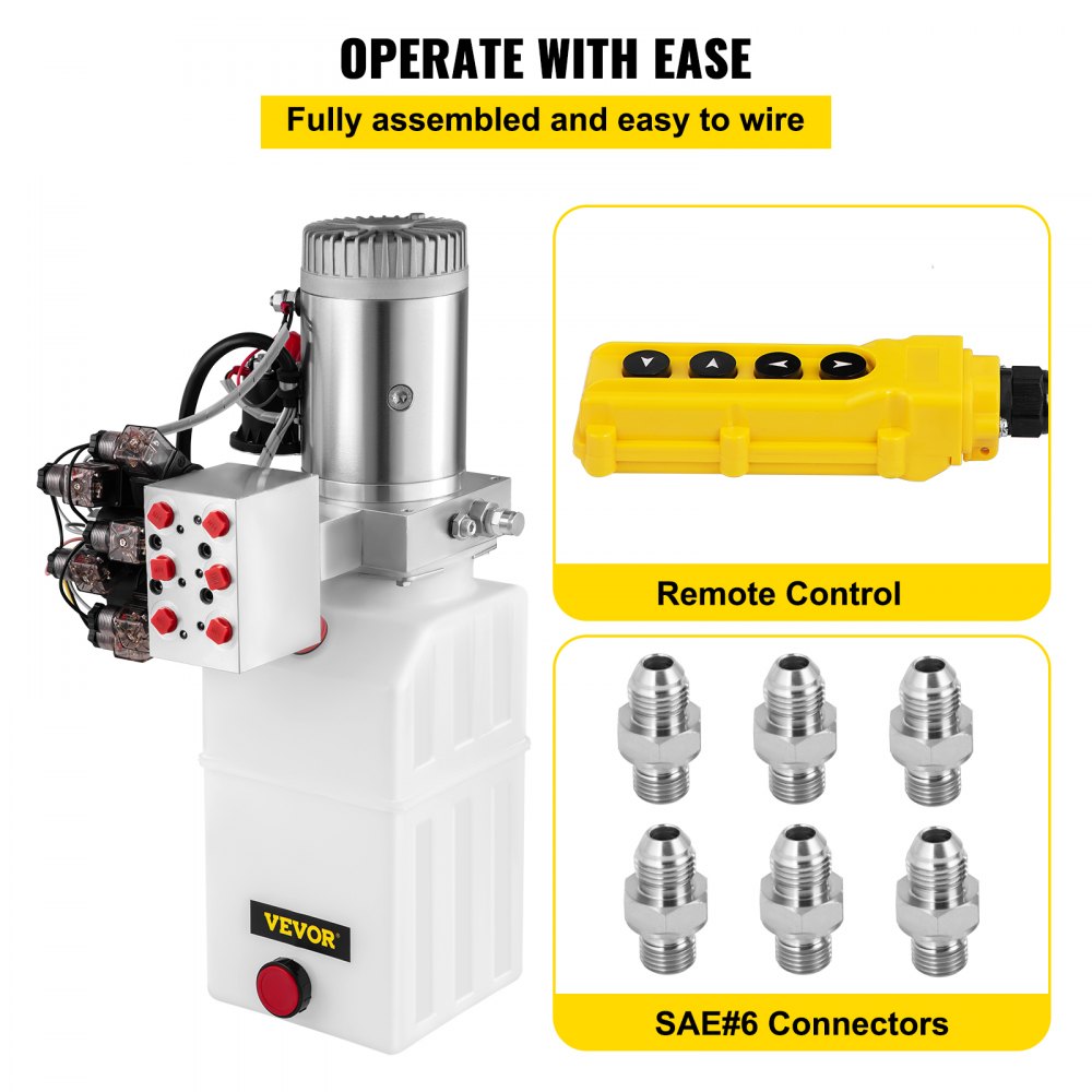 VEVOR Hydraulic Pump, 6 Quart/1.5 Gal Double Acting Dump Trailer Pump DC 12V, 3200 PSI Max Relief Pressure, Electric Hydraulic Power Unit for Dump Trailer Car Lifting (with 6pcs SAE #6 Connectors)