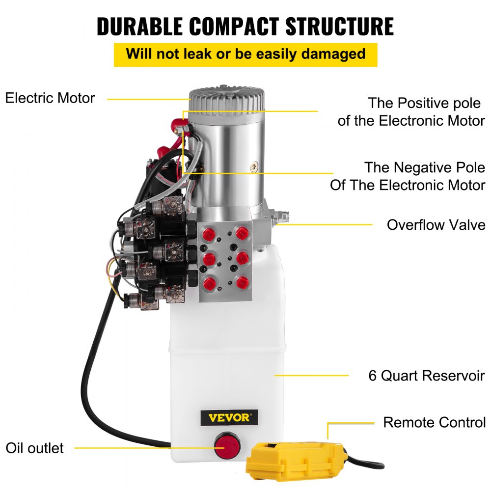 VEVOR Hydraulic Pump, 6 Quart/1.5 Gal Double Acting Dump Trailer Pump DC 12V, 3200 PSI Max Relief Pressure, Electric Hydraulic Power Unit for Dump Trailer Car Lifting (with 6pcs SAE #6 Connectors)