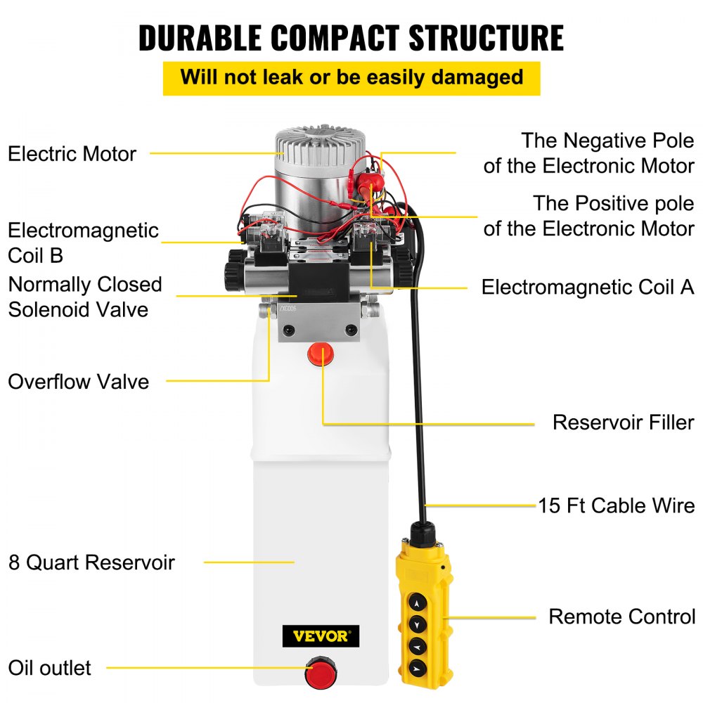 VEVOR Hydraulic Pump, 8 Quart/2 Gal Double Acting Dump Trailer Pump DC 12V, 3200 PSI Max Relief Pressure, Electric Hydraulic Power Unit for Dump Trailer Car Lifting (with 4pcs SAE #6 Connectors)