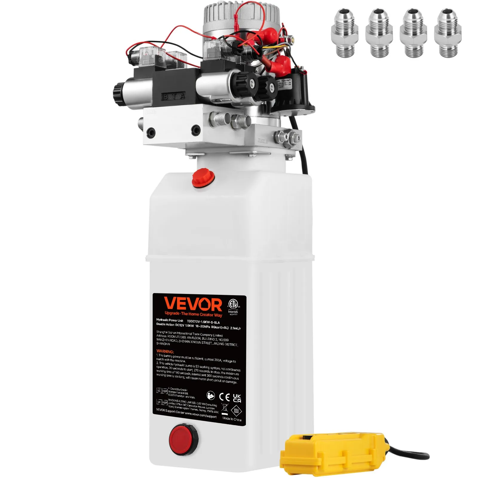 VEVOR Hydraulic Pump, 8 Quart/2 Gal Double Acting Dump Trailer Pump DC 12V, 3200 PSI Max Relief Pressure, Electric Hydraulic Power Unit for Dump Trailer Car Lifting (with 4pcs SAE #6 Connectors)