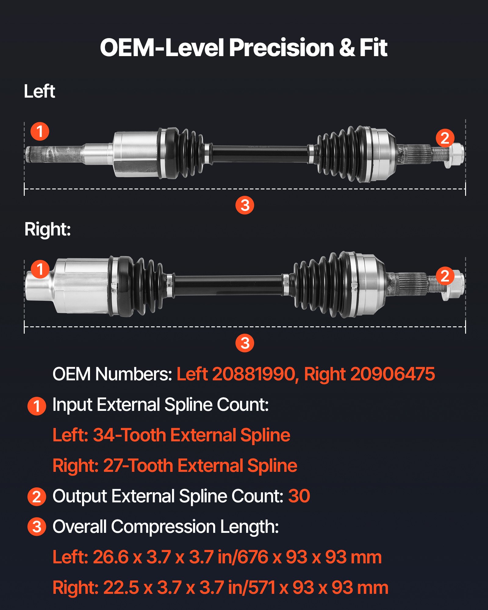 VEVOR CV Axle Shaft Assembly, 2 Pieces Front Left & Right (Driver and Passenger Side), Automotive Replacement Joint Axles Pair Compatible with 2010-2017 Chevrolet Equinox, Alloy Steel & Carbon Steel