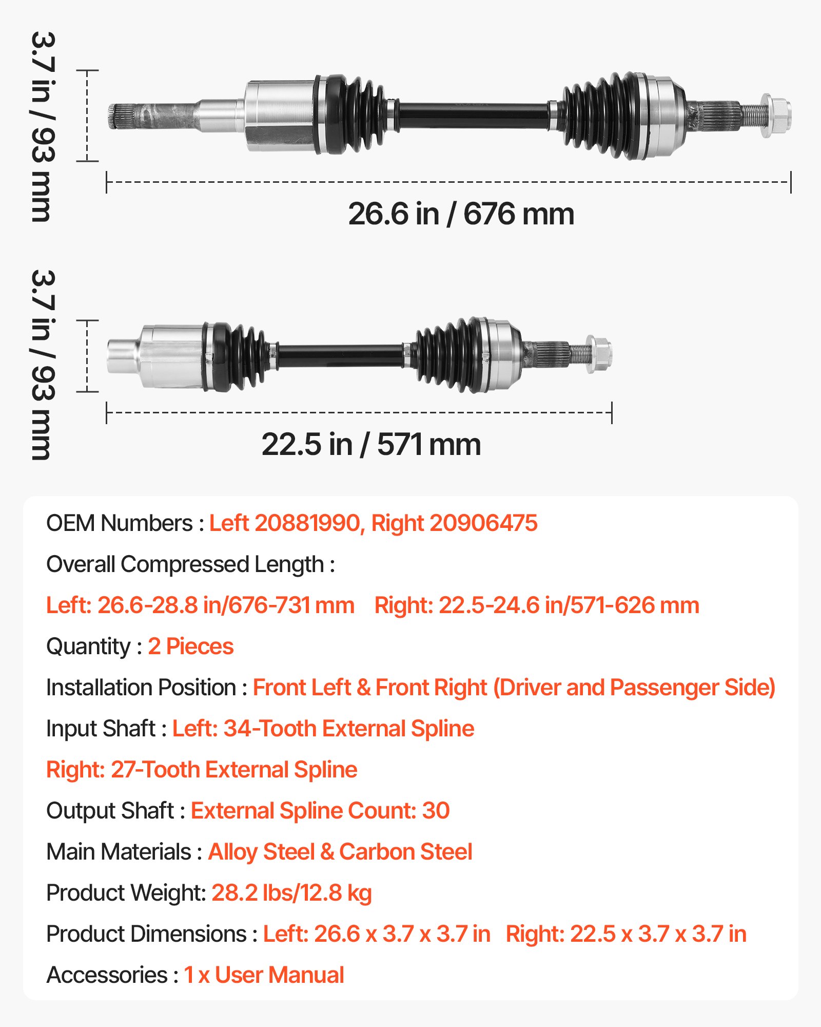 VEVOR CV Axle Shaft Assembly, 2 Pieces Front Left & Right (Driver and Passenger Side), Automotive Replacement Joint Axles Pair Compatible with 2010-2017 Chevrolet Equinox, Alloy Steel & Carbon Steel