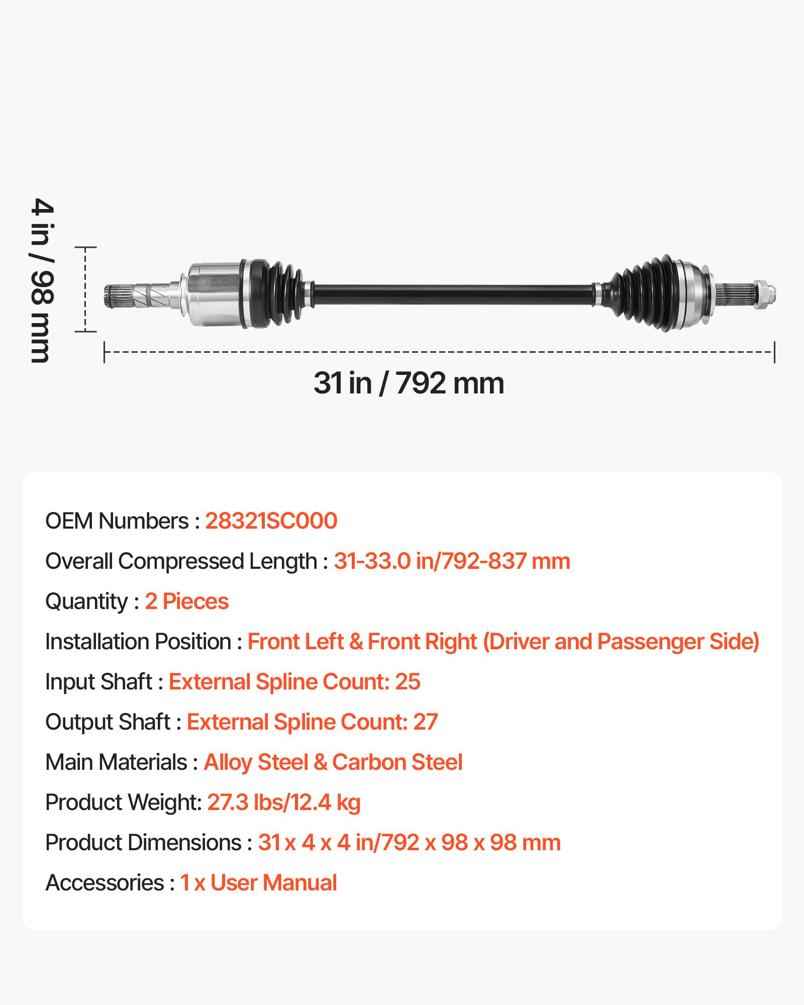 VEVOR CV Axle Shaft Assembly, 2 Pieces Front Left & Right (Driver and Passenger Side), Automotive Replacement CV Joint Axles Pair Compatible with 2009-2013 Forester, Alloy Steel & Carbon Steel