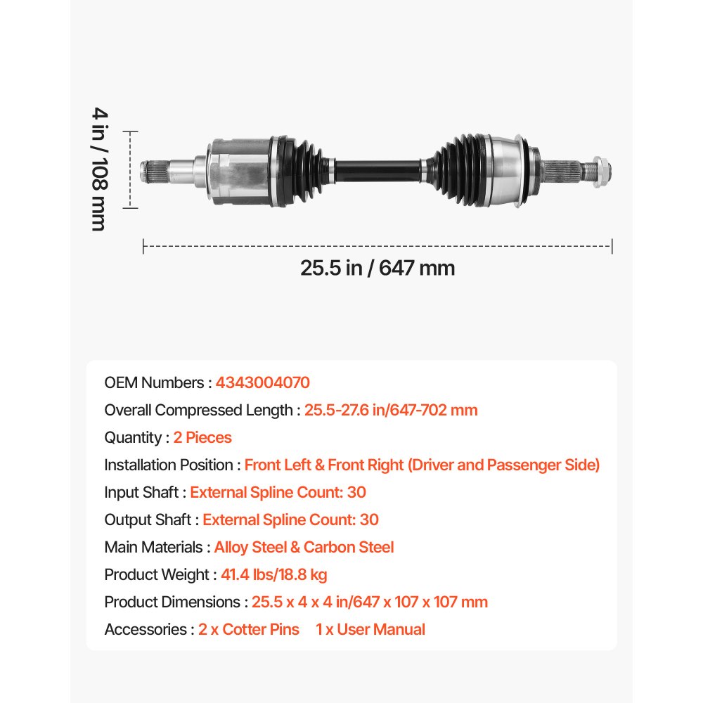 VEVOR CV Axle Shaft Assembly, 2 Pieces Front Left & Right (Driver and Passenger Side), Automotive Replacement CV Joint Axles Pair Compatible with 2003-2022 Toyota 4Runner, Alloy Steel & Carbon Steel