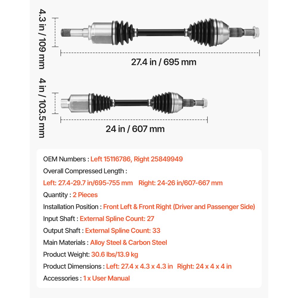 VEVOR CV Axle Shaft Assembly, 2 Pieces Front Left & Right (Driver and Passenger Side), Automotive Replacement Joint Axles Pair Compatible with 2009-2017 Chevrolet Traverse, Alloy Steel & Carbon Steel