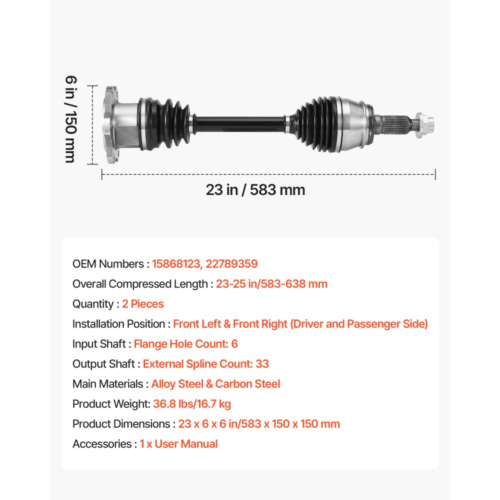 VEVOR CV Axle Shaft Assembly, 2 Pieces Front Left & Right (Driver and Passenger Side), Automotive Replacement CV Axles Pair Compatible with 2007-2020 Cadillac Escalade, Alloy Steel & Carbon Steel