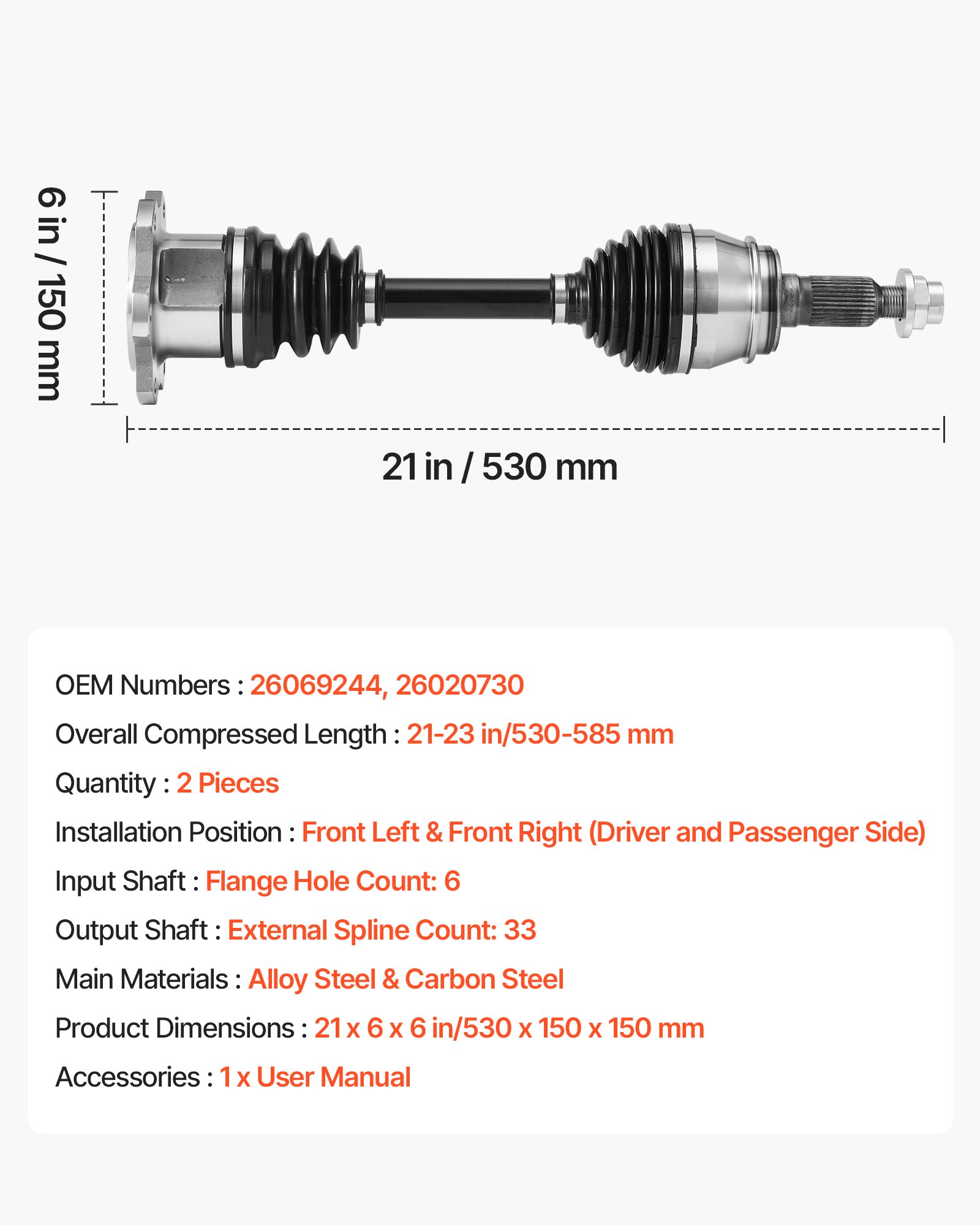 VEVOR CV Axle Shaft Assembly, 2 Pieces Front Left & Right (Driver and Passenger Side), Automotive Replacement Axles Pair Compatible with 1999-2006 Chevrolet Silverado 1500, Alloy Steel & Carbon Steel