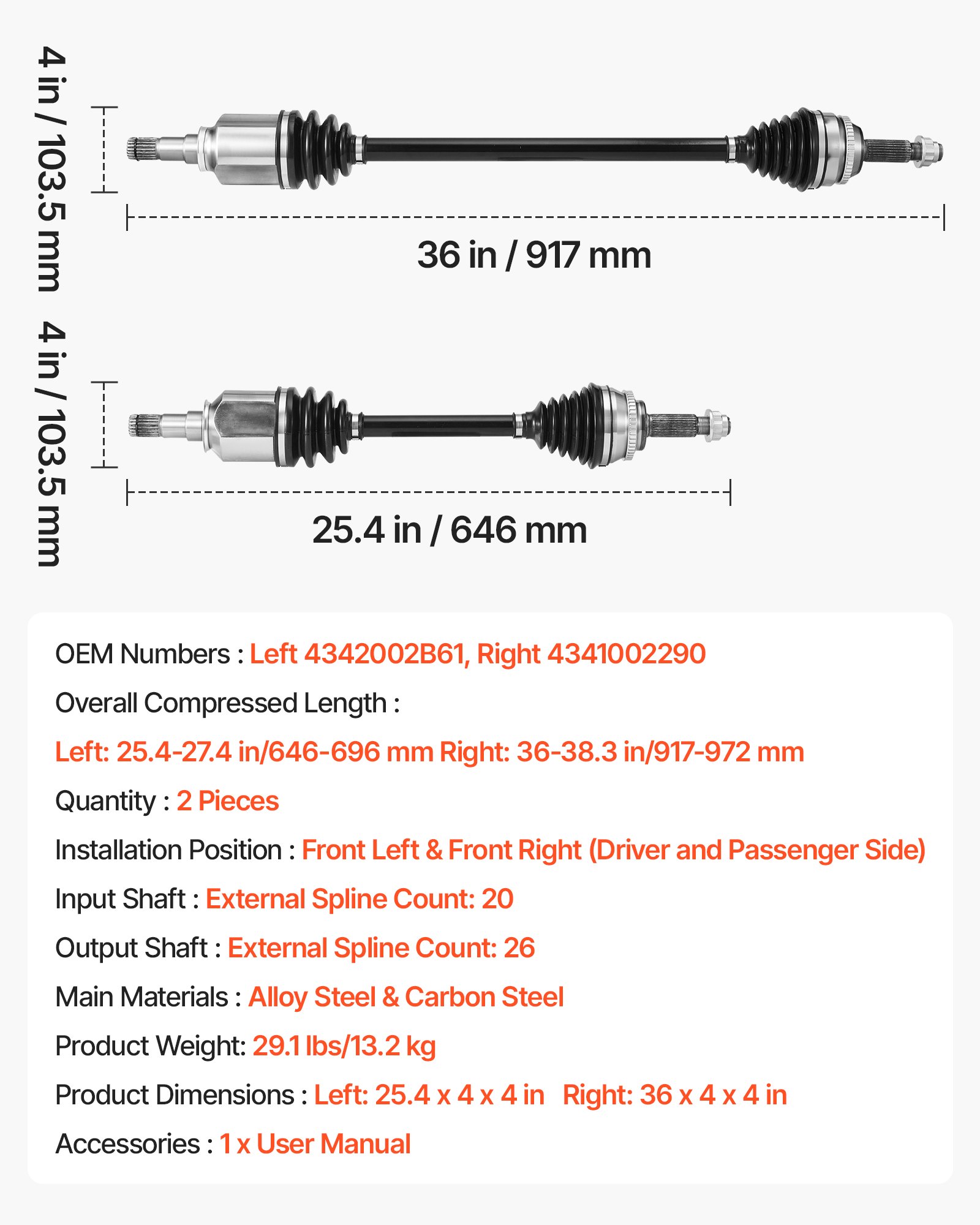 VEVOR CV Axle Shaft Assembly, 2 Pieces Front Left & Right (Driver and Passenger Side), Automotive Replacement CV Joint Axles Pair Compatible with 2009-2018 Toyota Corolla, Alloy Steel & Carbon Steel