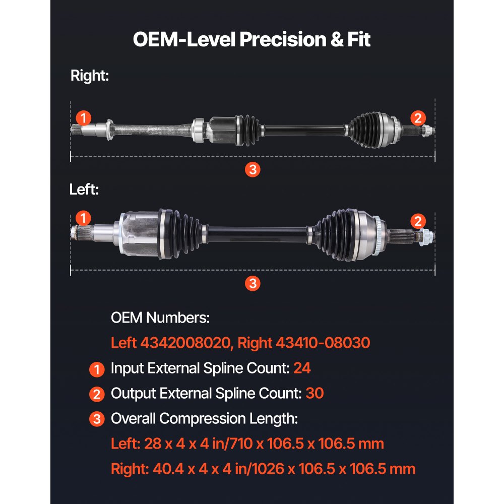 VEVOR CV Axle Shaft Assembly, 2 Pieces Front Left & Right (Driver and Passenger Side), Automotive Replacement CV Joint Axles Pair Compatible with 2004-2010 Toyota Sienna, Alloy Steel & Carbon Steel