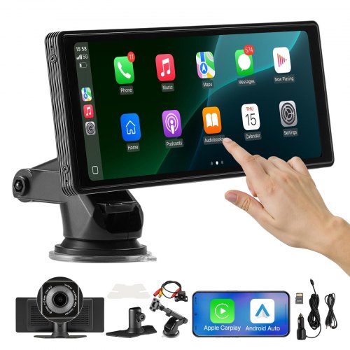 VEVOR Wireless Car Stereo, 10-Inch HD Portable Radio Touch Screen with Apple CarPlay and Android Auto, CarPlay Screen with Front & Backup Cameras, Voice Control, Mirror Link, Bluetooth, GPS Navigation