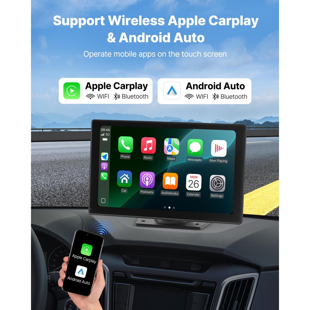 VEVOR trådlös bilstereo, 228,6 mm HD bärbar radio med pekskärm, kompatibel med Apple CarPlay och Android Auto, CarPlay-skärm med backkamera, röststyrning, spegellänk, Bluetooth, GPS-navigering
