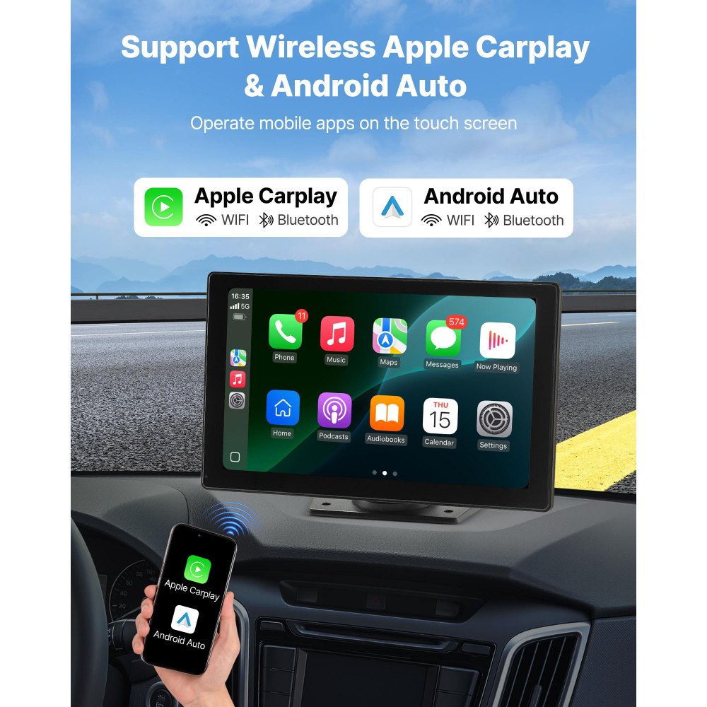 VEVOR Wireless Car Stereo, 228.6mm HD Portable Radio Touch Screen with Apple CarPlay and Android Auto, CarPlay Screen with Front & Backup Cameras, Voice Control, Mirror Link, Bluetooth, GPS Navigation