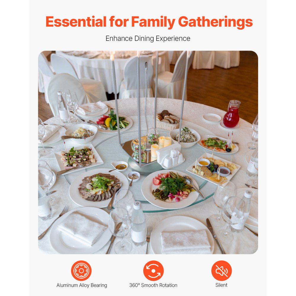 VEVOR 20 in Glass Lazy Susan Turntable, 360° Rotation Round Clear Tabletop Rotating Tray, Tempered Glass Dining Table Centerpiece, Smooth and Silent Spin, for Family Gatherings, Banquets & Weddings