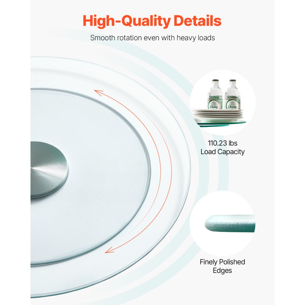VEVOR 20 in Glass Lazy Susan Turntable, 360° Rotation Round Clear Tabletop Rotating Tray, Tempered Glass Dining Table Centerpiece, Smooth and Silent Spin, for Family Gatherings, Banquets & Weddings