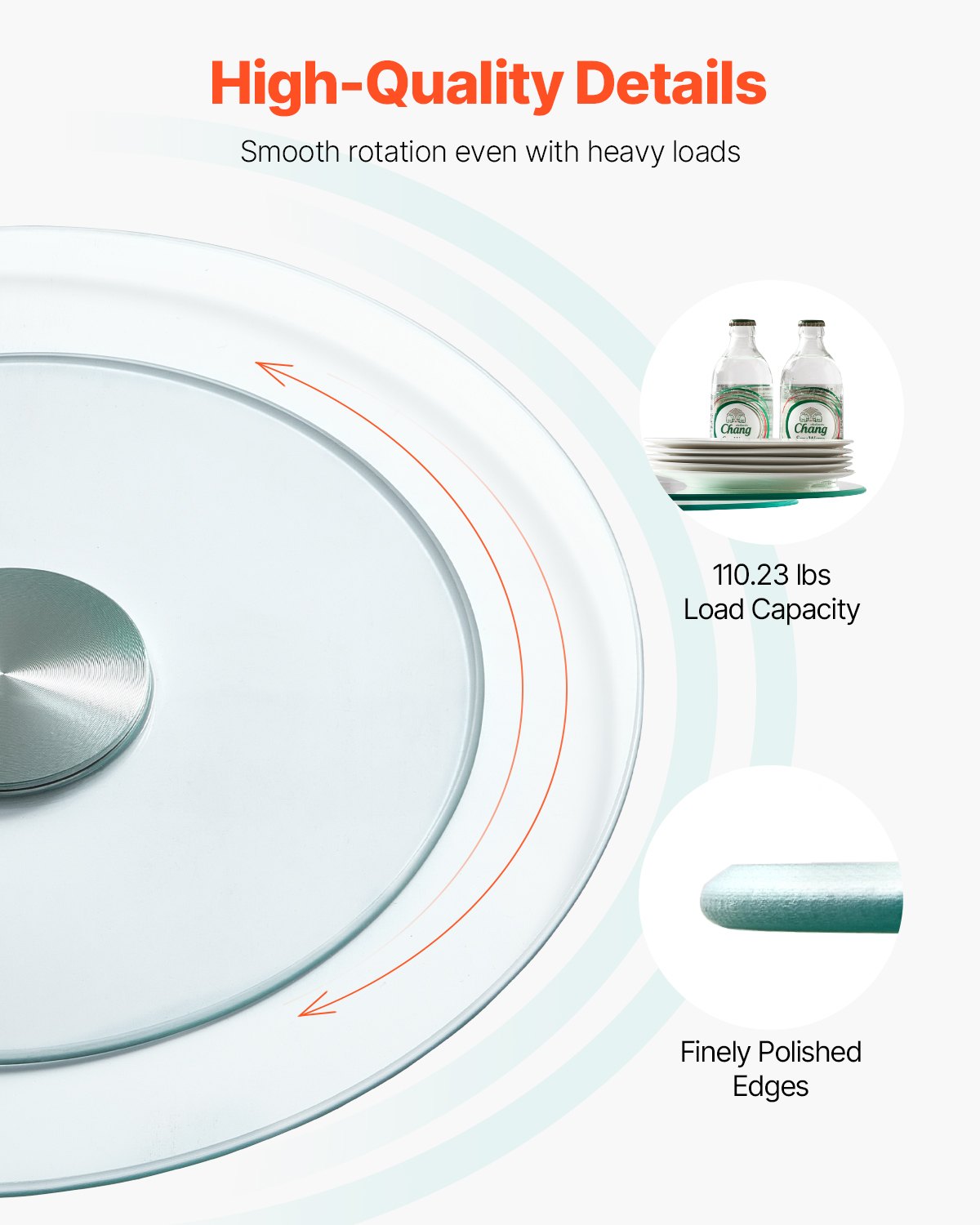 VEVOR 20 in Glass Lazy Susan Turntable, 360° Rotation Round Clear Tabletop Rotating Tray, Tempered Glass Dining Table Centerpiece, Smooth and Silent Spin, for Family Gatherings, Banquets & Weddings