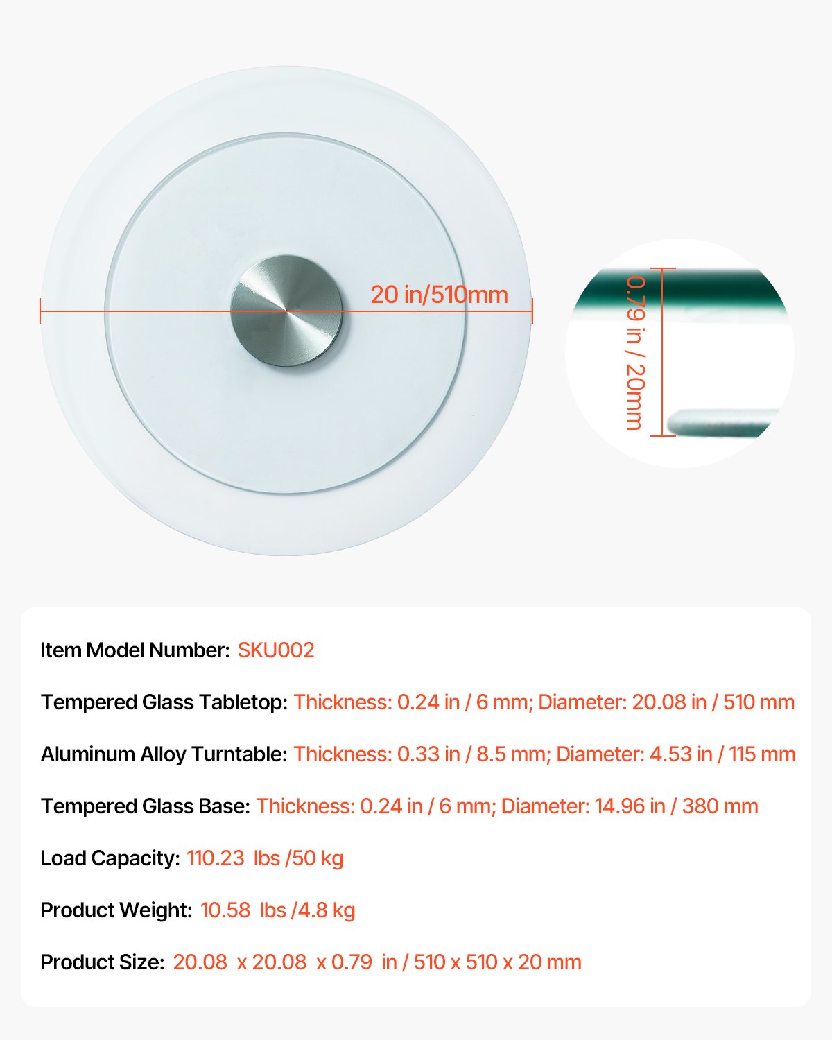 VEVOR 20 in Glass Lazy Susan Turntable, 360° Rotation Round Clear Tabletop Rotating Tray, Tempered Glass Dining Table Centerpiece, Smooth and Silent Spin, for Family Gatherings, Banquets & Weddings