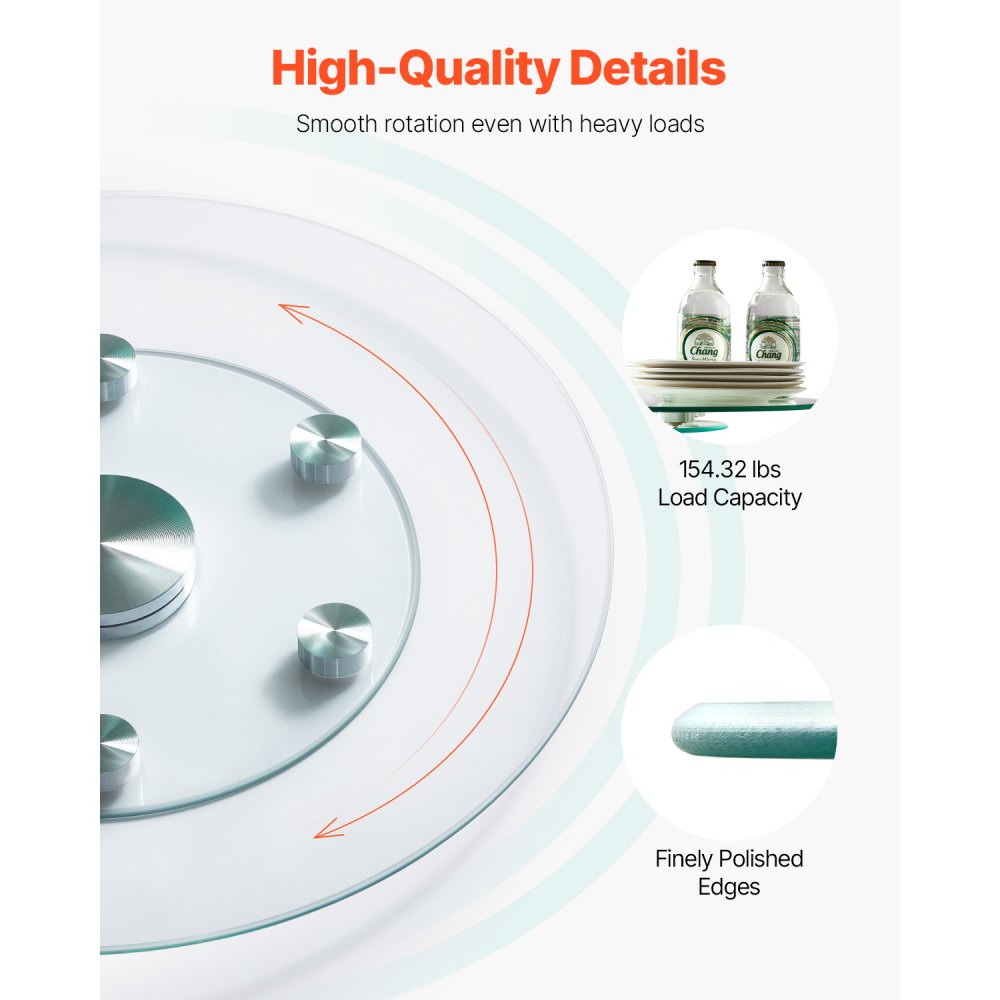 VEVOR 24 in Glass Lazy Susan Turntable, Tempered Glass Dining Table Centerpiece with 6 Rotating Wheels, 360° Smooth and Silent Spin Tabletop Rotating Tray, for Family Gatherings, Banquets & Weddings