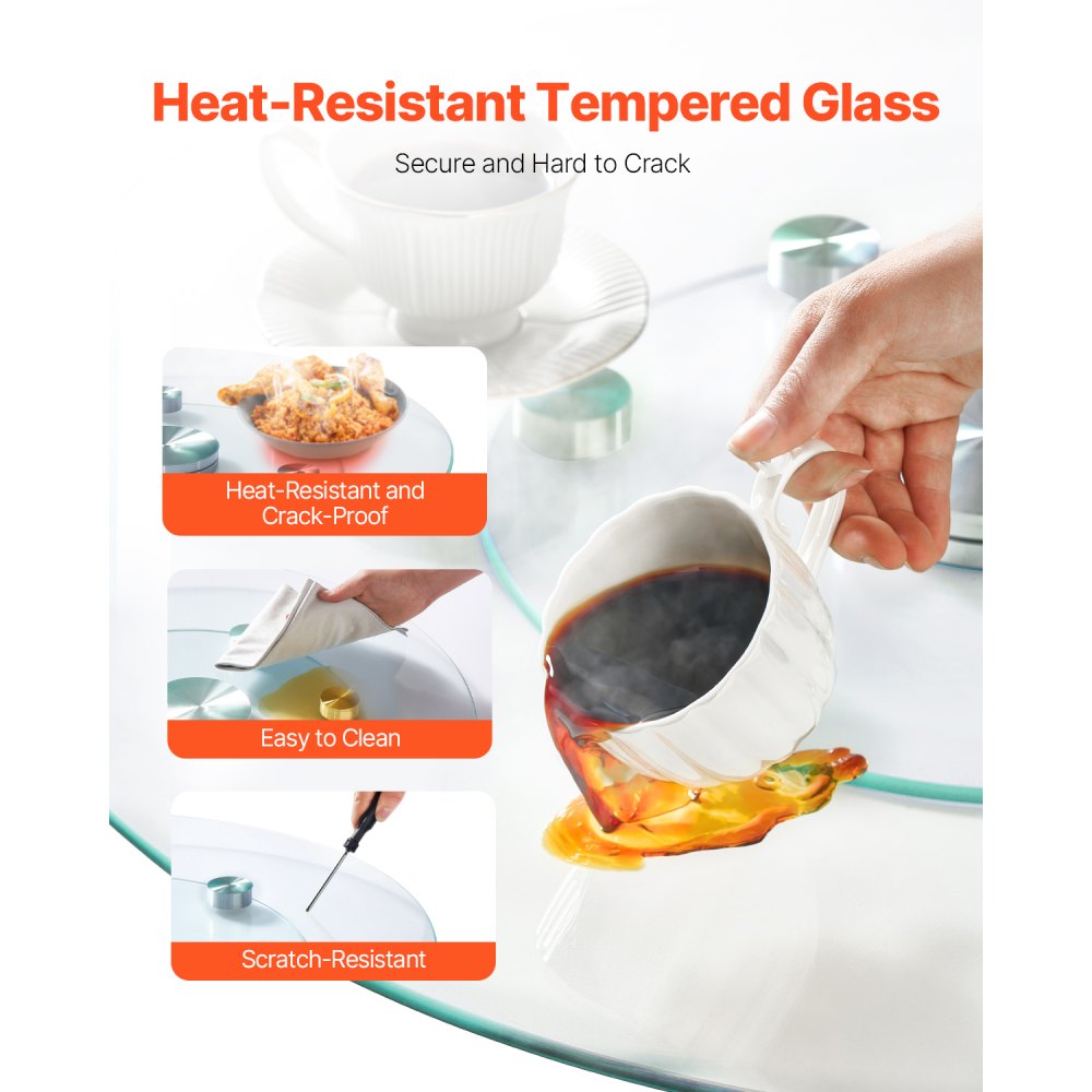 VEVOR 24 in Glass Lazy Susan Turntable, Tempered Glass Dining Table Centerpiece with 6 Rotating Wheels, 360° Smooth and Silent Spin Tabletop Rotating Tray, for Family Gatherings, Banquets & Weddings