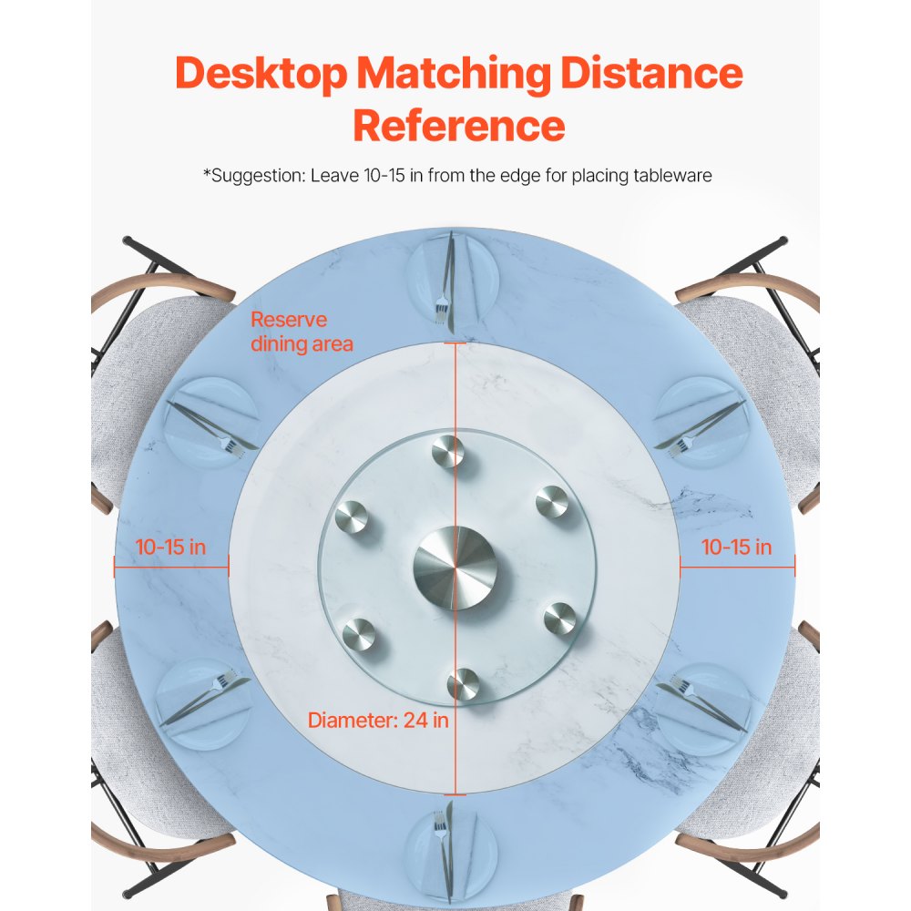 VEVOR 24 in Glass Lazy Susan Turntable, Tempered Glass Dining Table Centerpiece with 6 Rotating Wheels, 360° Smooth and Silent Spin Tabletop Rotating Tray, for Family Gatherings, Banquets & Weddings