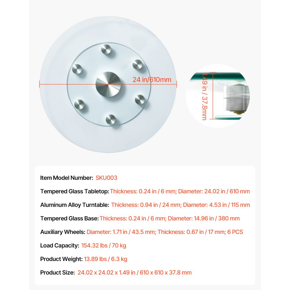 VEVOR 24 in Glass Lazy Susan Turntable, Tempered Glass Dining Table Centerpiece with 6 Rotating Wheels, 360° Smooth and Silent Spin Tabletop Rotating Tray, for Family Gatherings, Banquets & Weddings