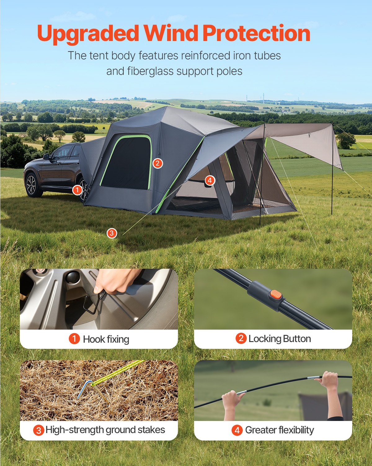 VEVOR SUV Tent for Camping, 10FT L x 10FT W, Waterproof PU2000mm Spacious Double Layer Design for 5-8 Person, SUV Camping Tent with Shade Awning and Mesh Windows, Includes Rainfly and Storage Bag
