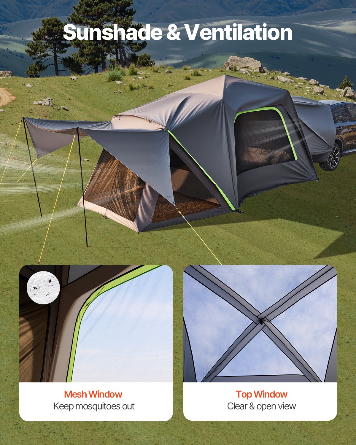 VEVOR SUV Tent for Camping, 10FT L x 10FT W, Waterproof PU2000mm Spacious Double Layer Design for 5-8 Person, SUV Camping Tent with Shade Awning and Mesh Windows, Includes Rainfly and Storage Bag